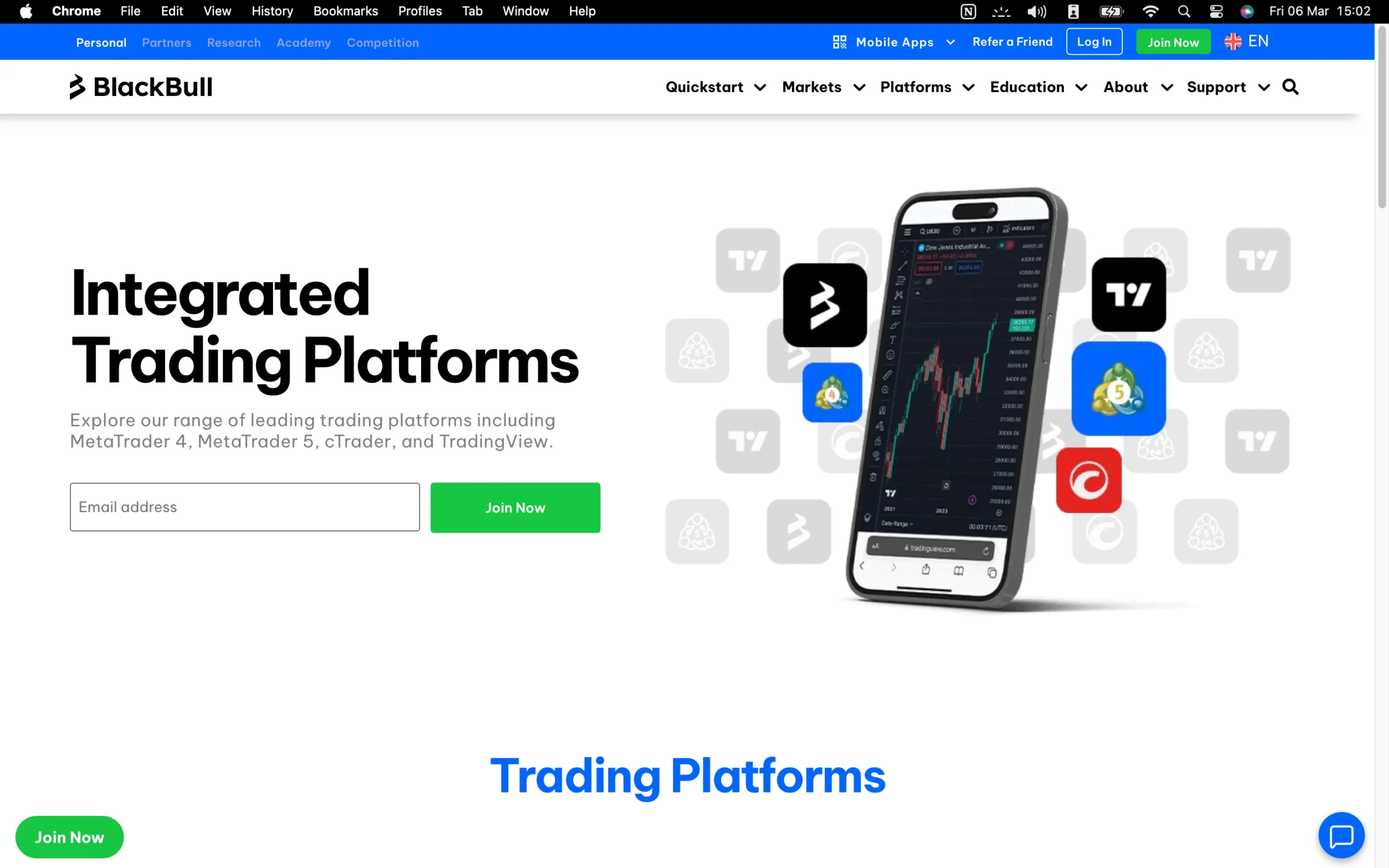 BlackBull Markets review image showing the trading platforms available to clients, including TradingView, MetaTrader 4, MetaTrader 5, cTrader, BlackBull CopyTrader and BlackBull Invest.