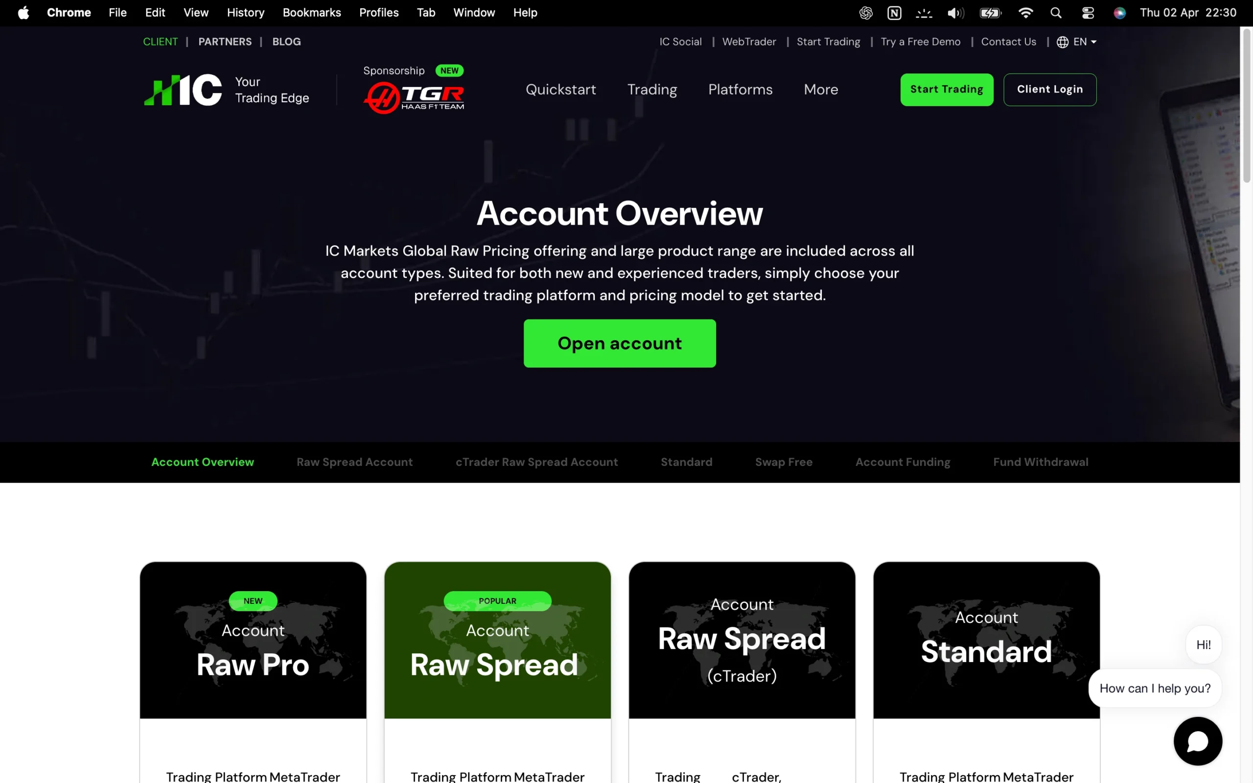 IC Markets review image showing available account types including the Standard, Raw and cTrader Raw account.
