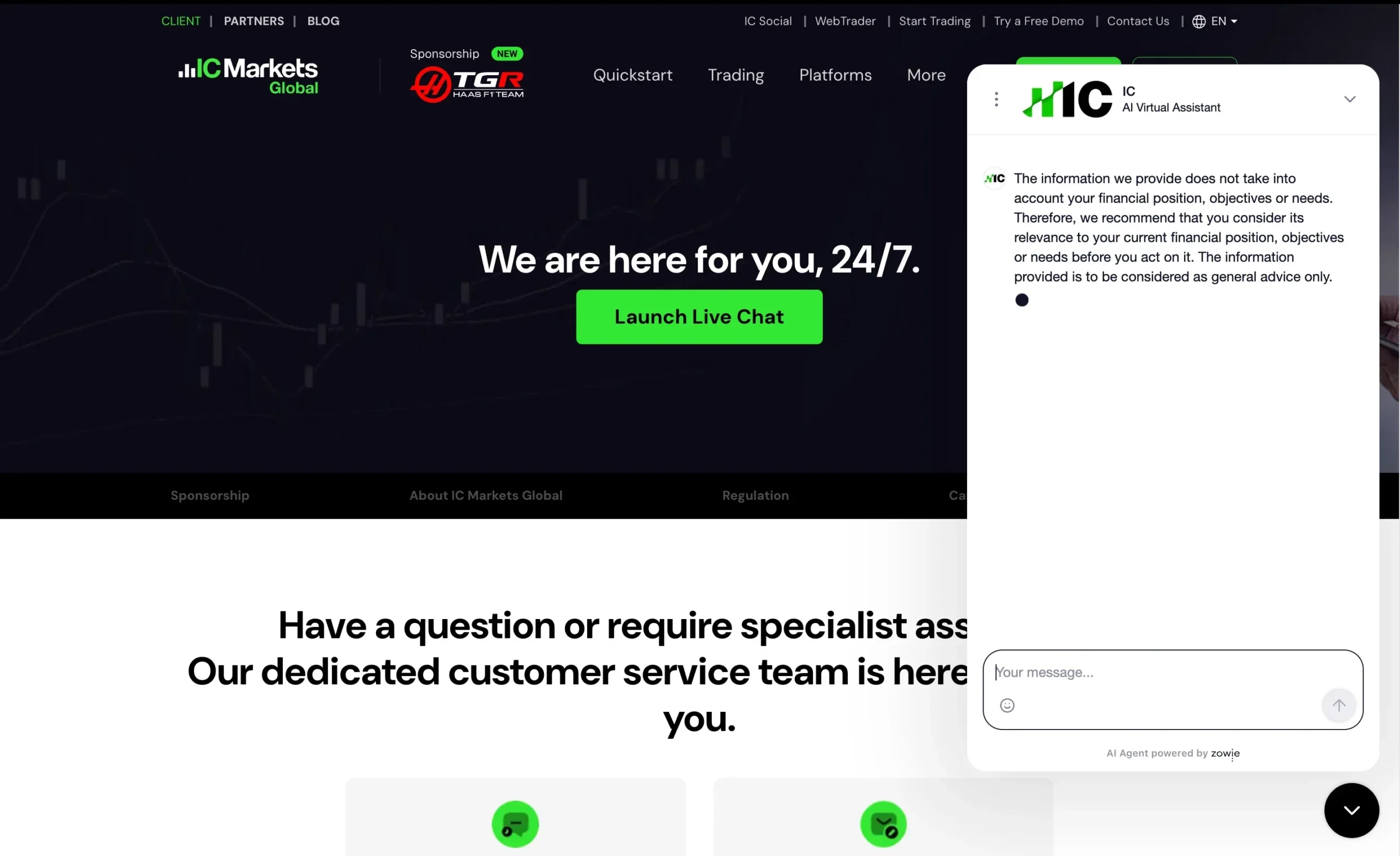 IC Markets review image showing customer support options including a contact form, live chat, phone numbers, WhatsApp and help center.