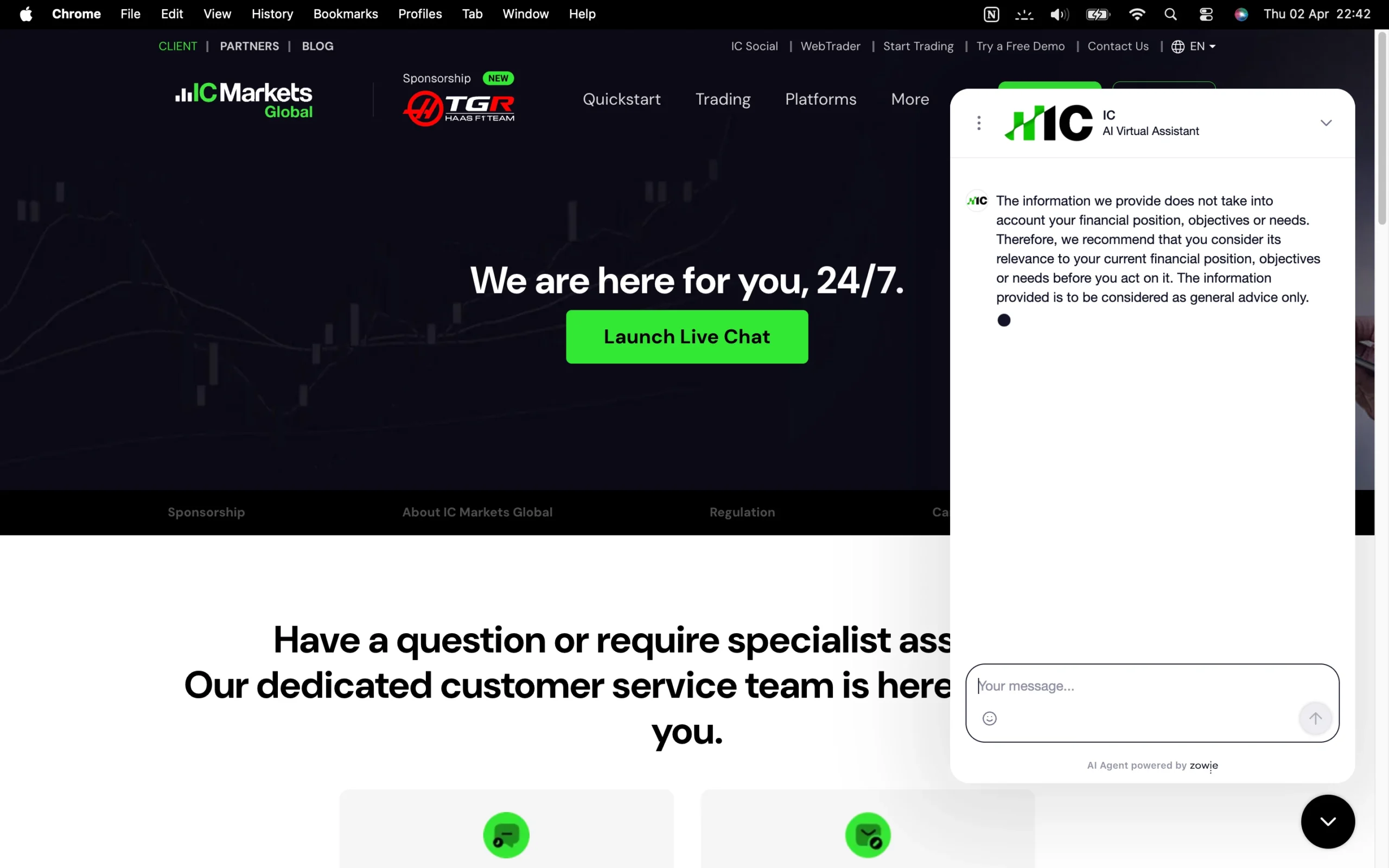 IC Markets review image showing customer support options including a contact form, live chat, phone numbers, WhatsApp and help center.