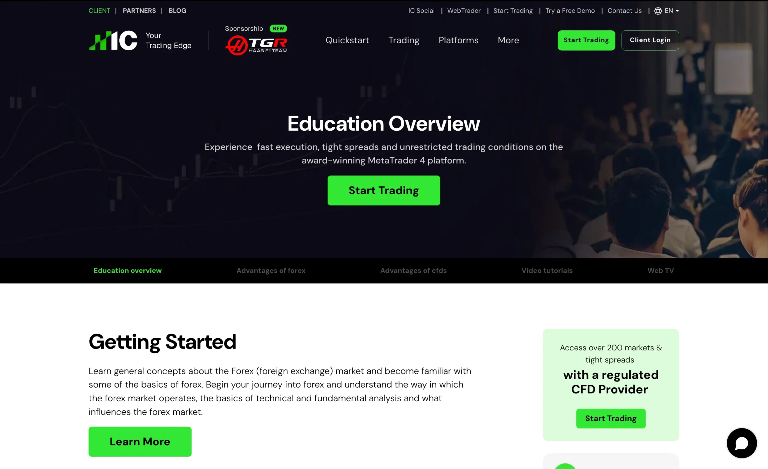 IC Markets review image showing the education page with trading guides and educational material for clients.