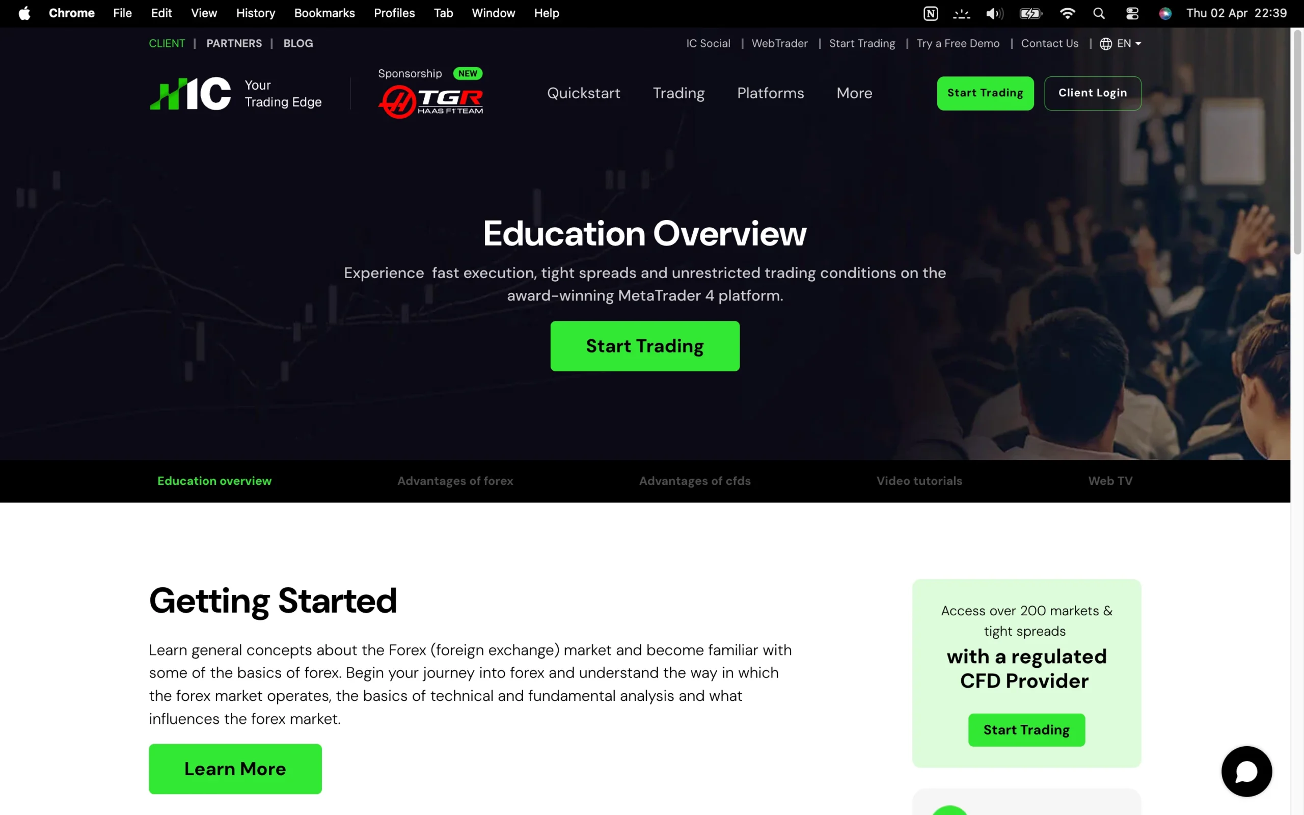 IC Markets review image showing the education page with trading guides and educational material for clients.