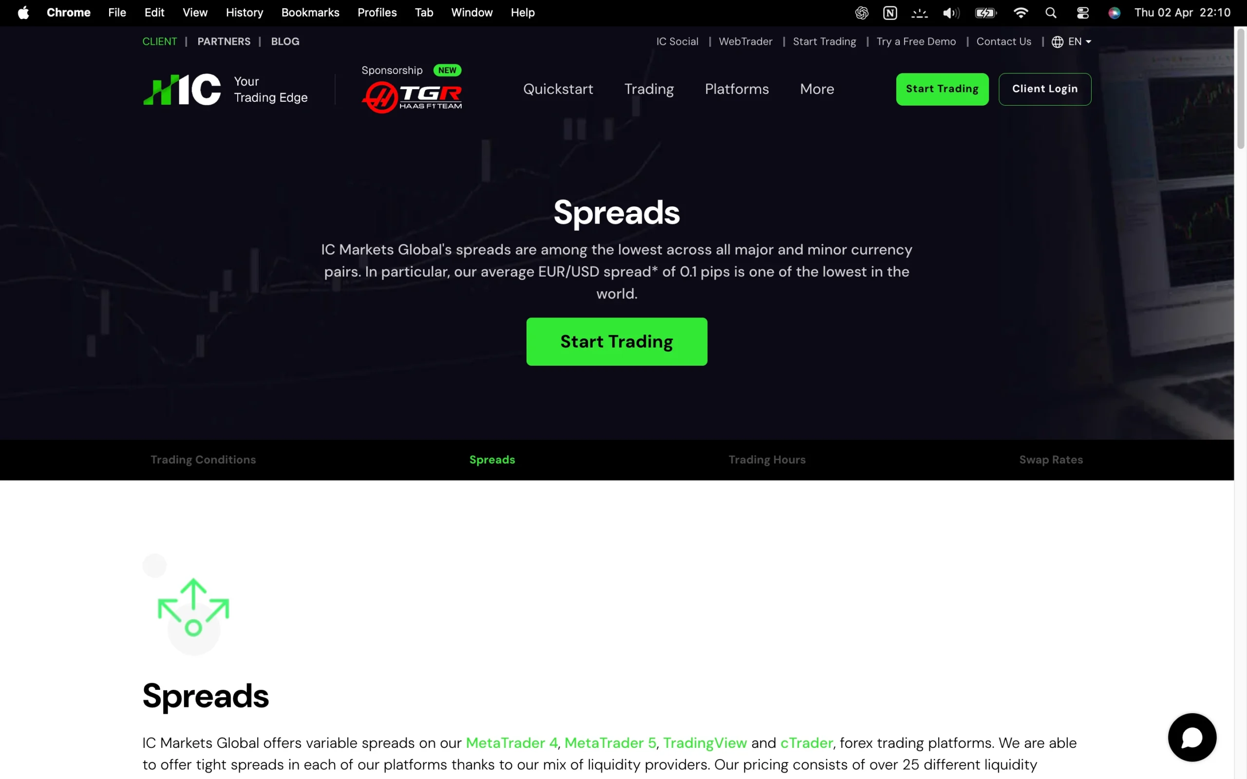 IC Markets review image showing the broker’s trading fees, including live spreads, commissions, and swap rates across Forex, Metals, Indices, Commodities, Bonds and Crypto.