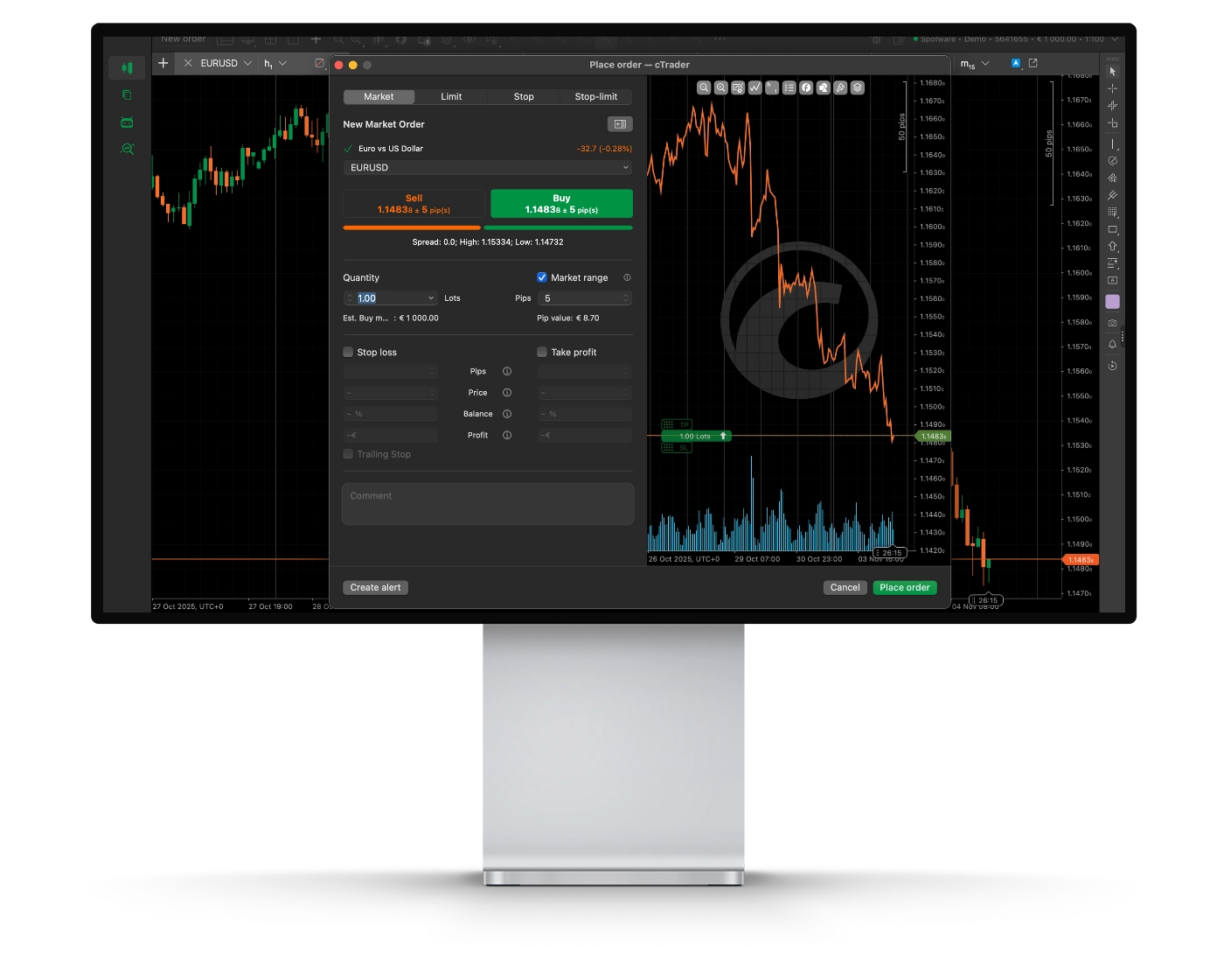 IC Markets review image showing how to place orders and open trades on cTrader trading platform.