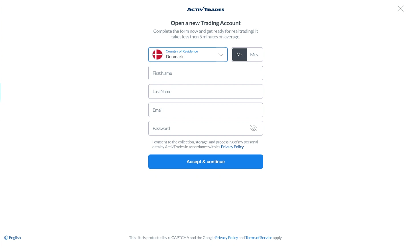 ActivTrades review image showing the account opening page where clients enter personal information to open a trading account.