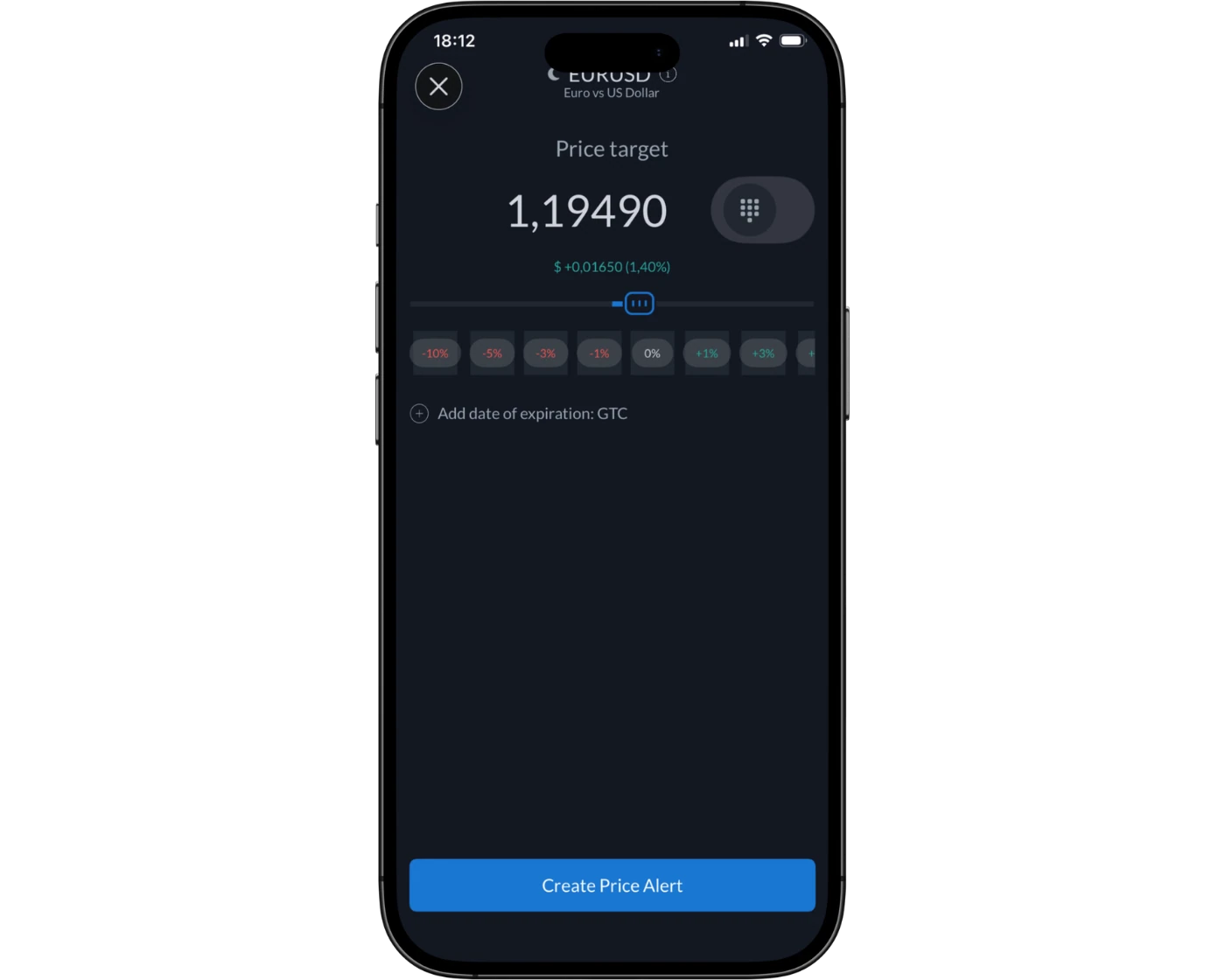 ActivTrades Review image showing the ActivTrades mobile app Price Alert page where users can set alerts and notifications on the trading instruments.