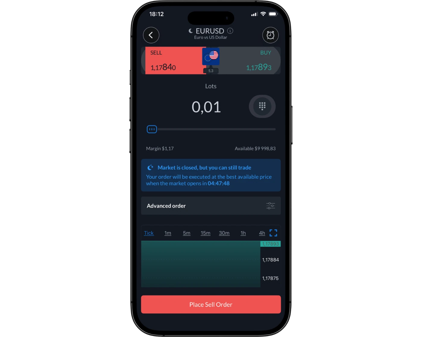 ActivTrades Review image showing the ActiveTrades mobile app orders page, including instrument selection, lot size, stop loss, take profit, and buy/sell options.