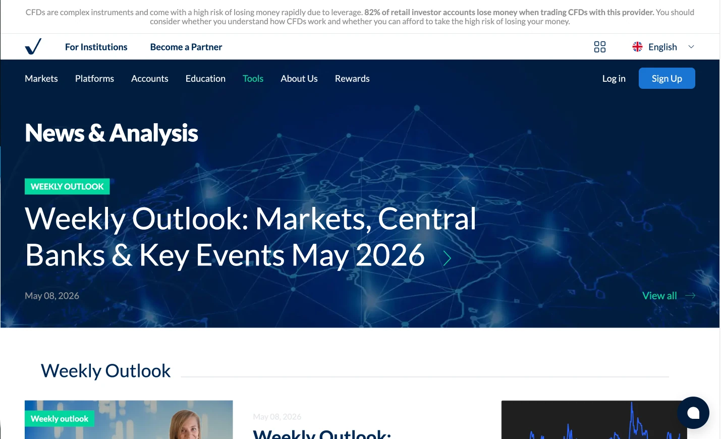 ActivTrades review image showing the market analysis page with news, forecasts and tools from trading professionals.