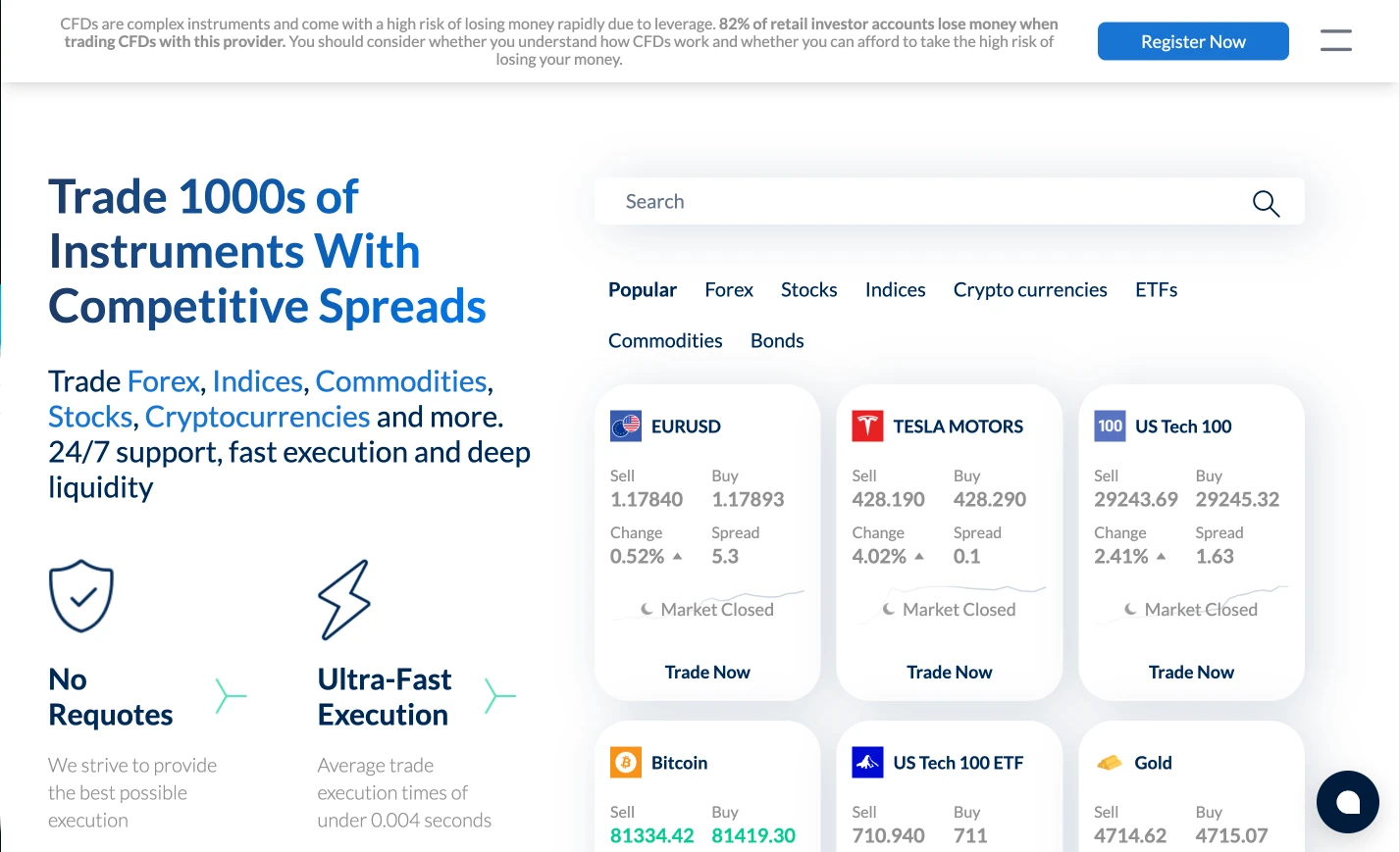 ActivTrades review image showing all tradable instruments ActivTrades offers, including Forex CFD's, Indices CFD's, Commodities CFD's, Stocks CFD's, Bonds CFD's, ETFs and Cryptocurrency CFD's.