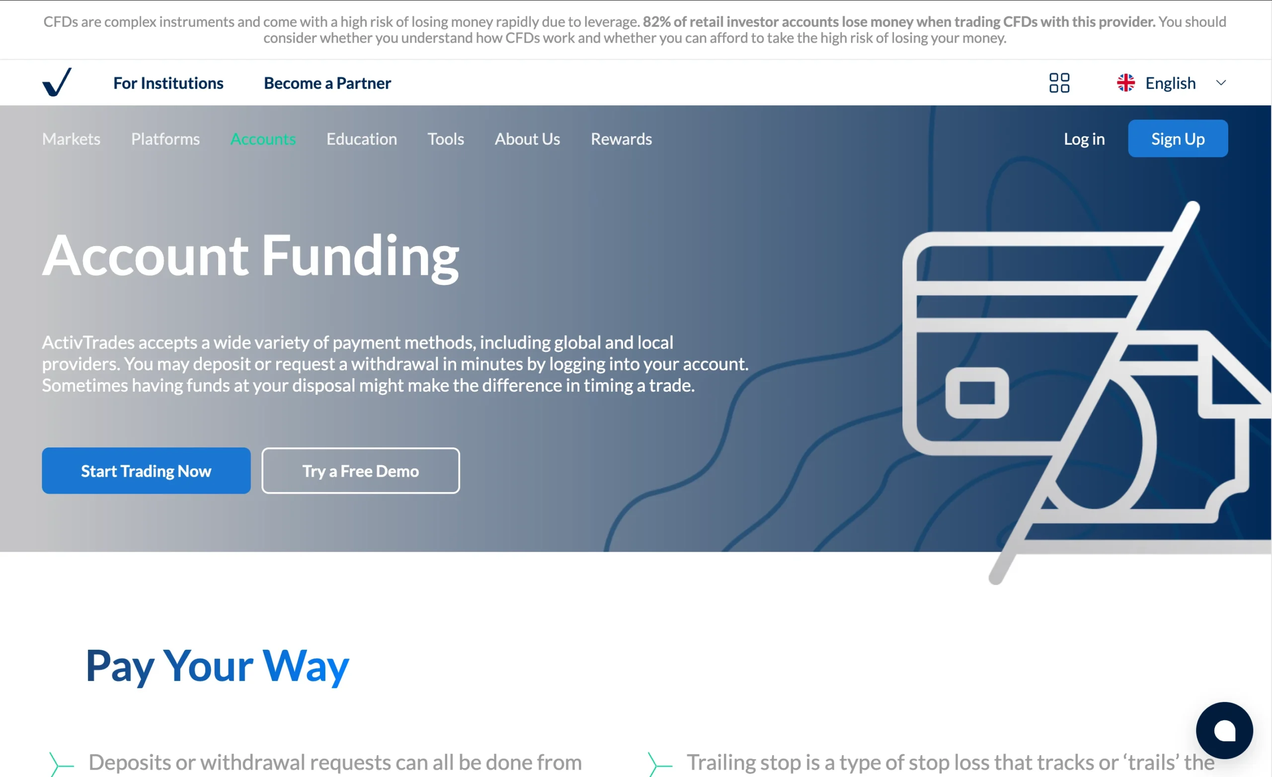 ActivTrades review image showing all funding and withdrawal methods at ActivTrades.