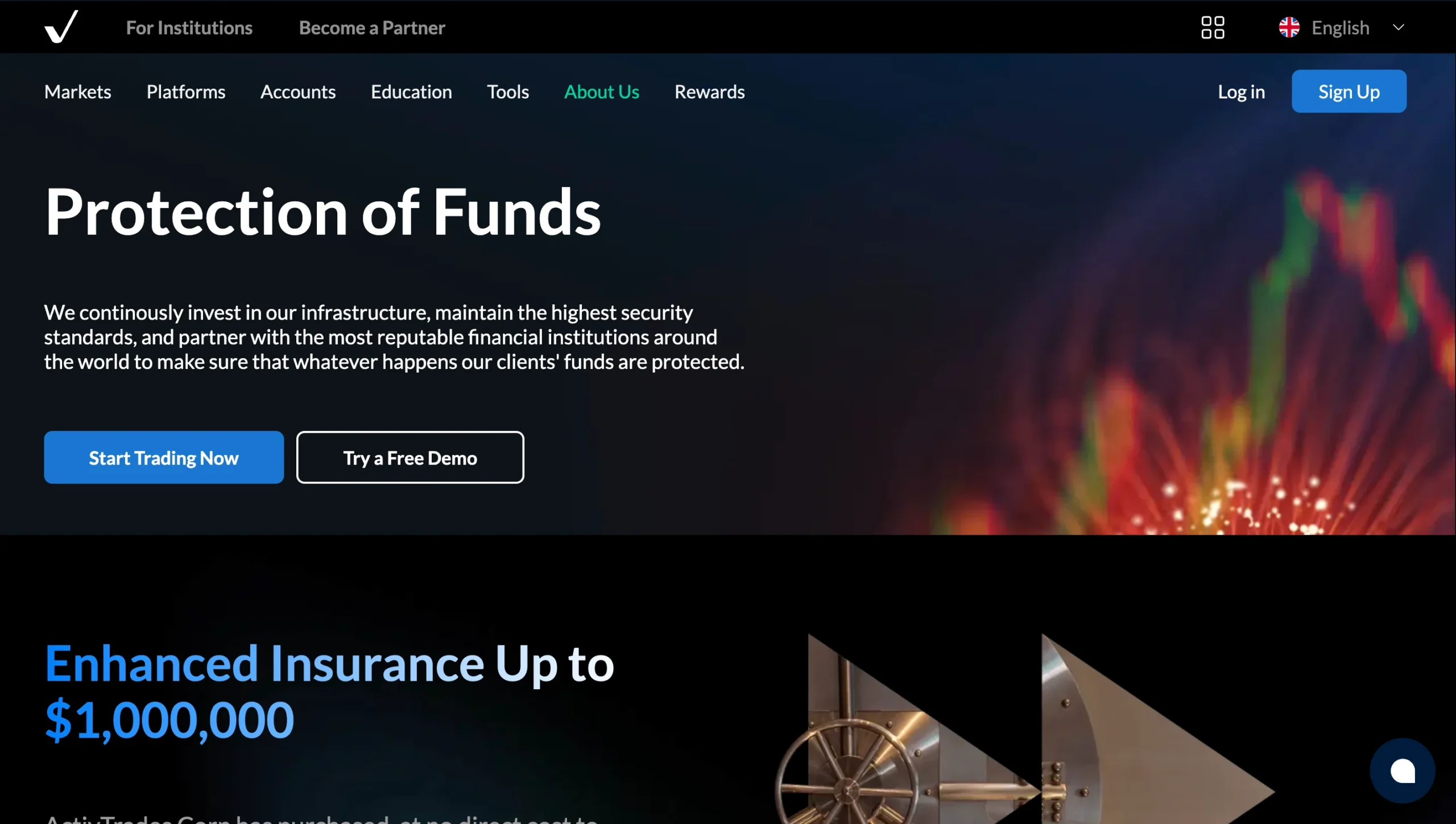 ActivTrades regulation page showing office addresses, regulators, license numbers, and client money protection details for jurisdictions including FCA, SCB, BACEN, CMVM and FSC.