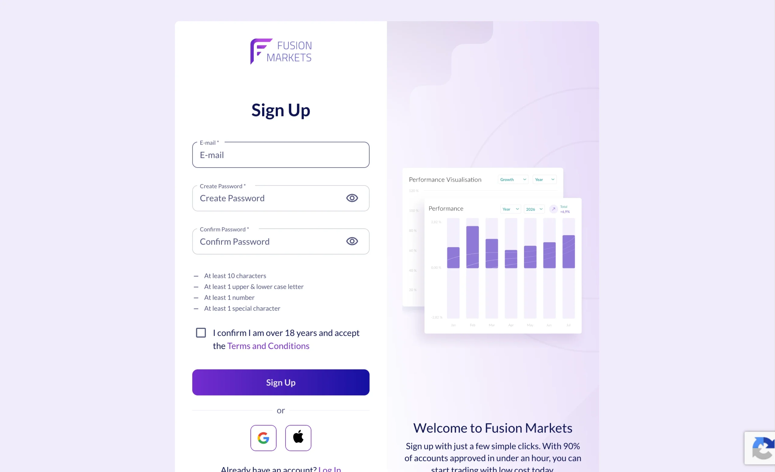 Fusion Markets review image showing the account opening page where clients enter personal information to open a trading account.