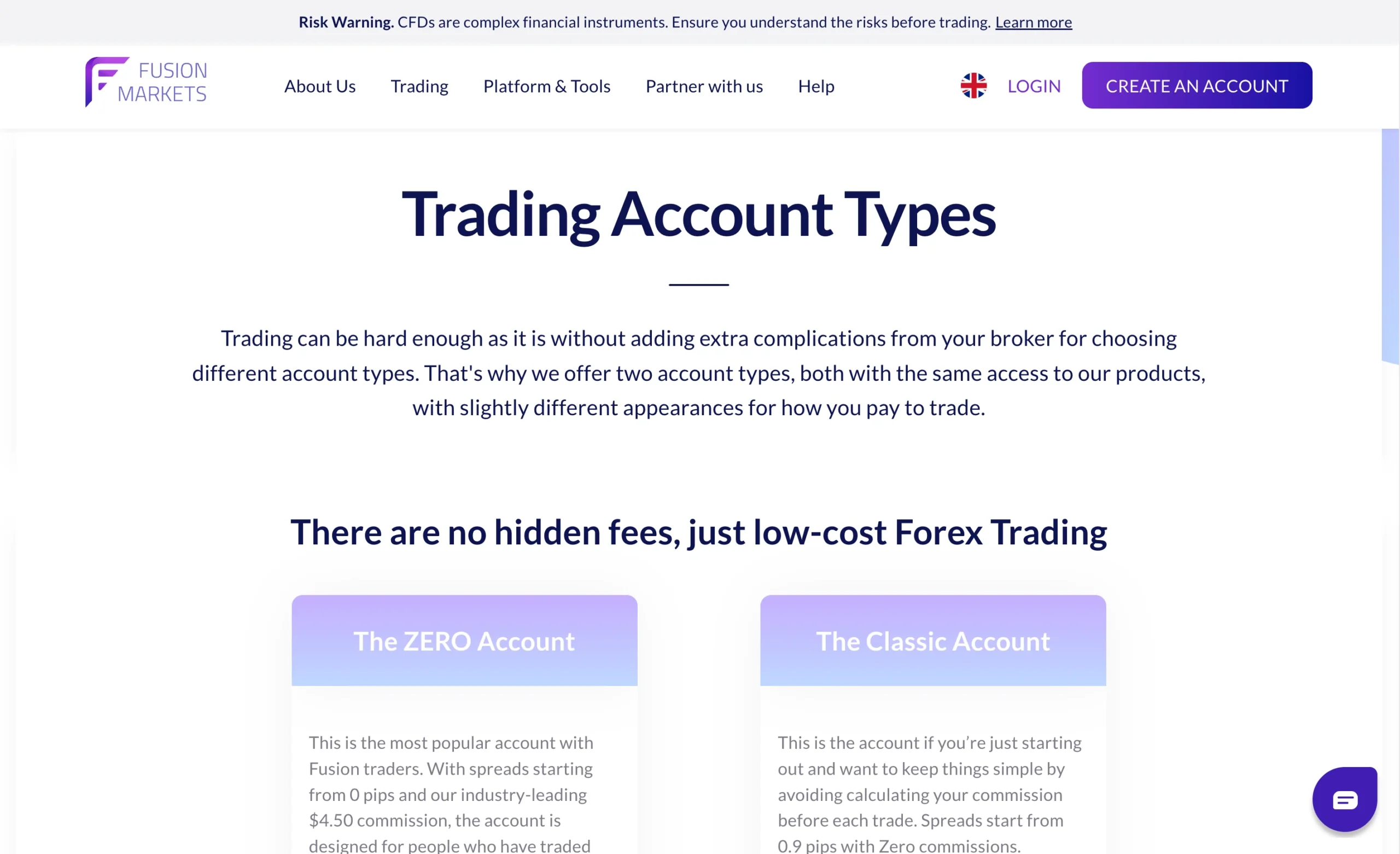 Fusion Markets review image showing available account types including the Fusion Markets Classic, Fusion Markets ZERO, Demo and Islamic accounts.