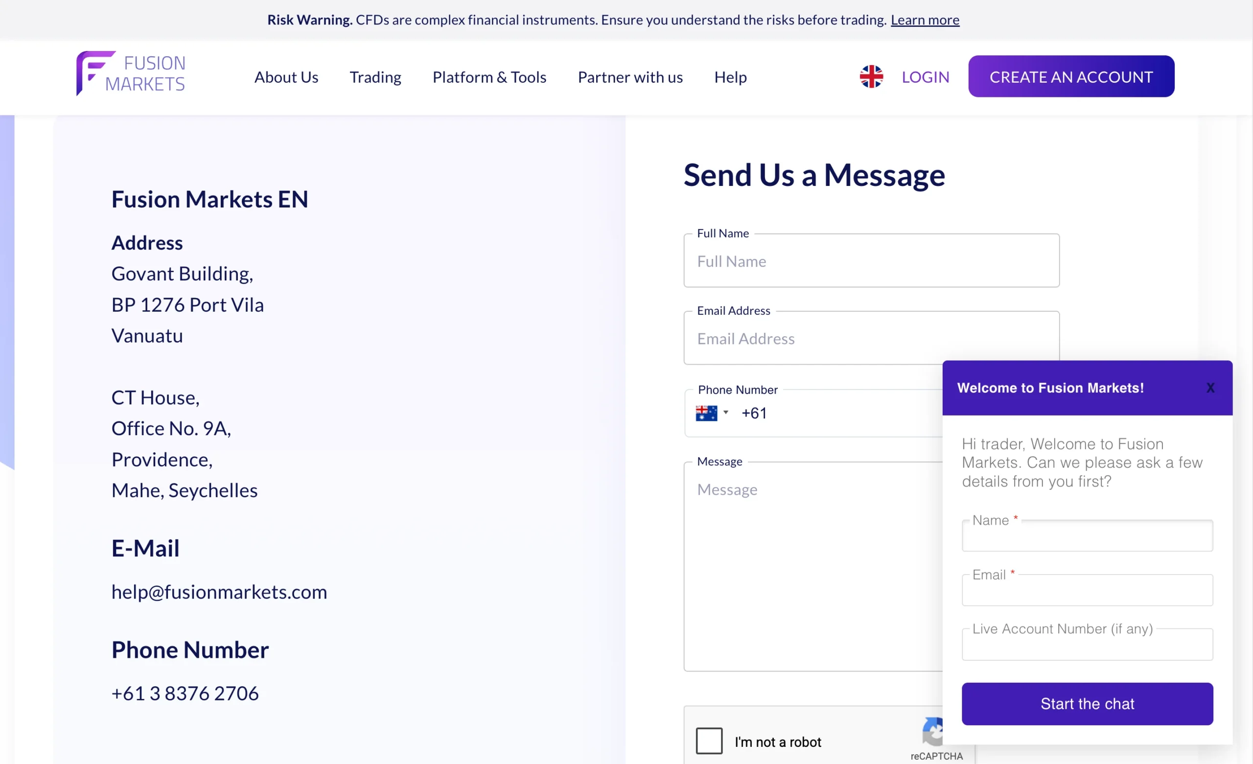 Fusion Markets review image showing customer support options including a contact form, live chat, phone numbers, and help center.