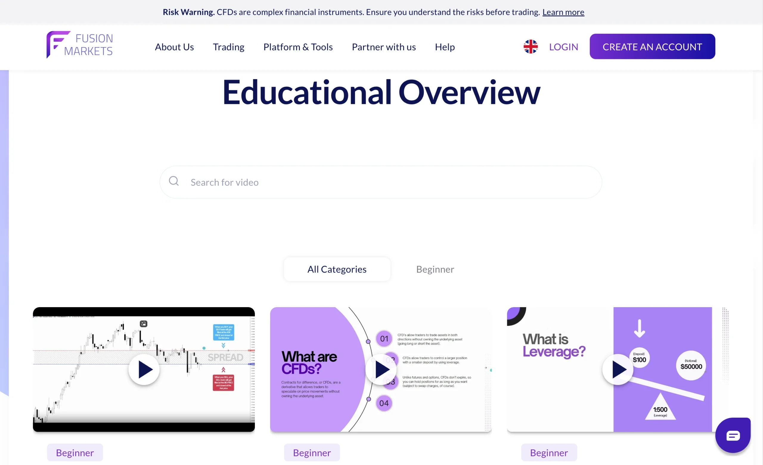 Fusion Markets review image showing the education page with trading guides and educational material for clients.