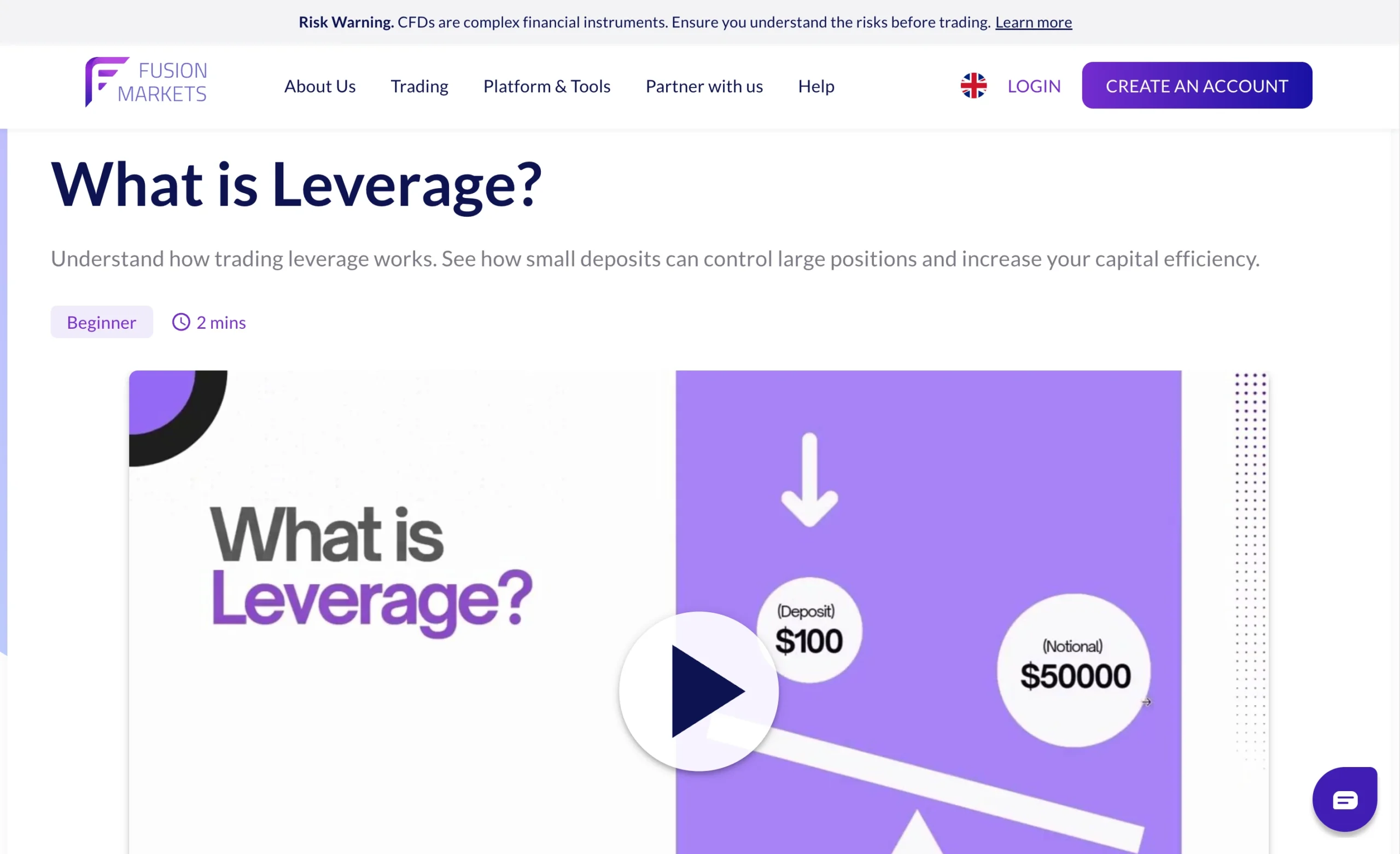 Fusion Markets review image showing maximum leverage for each tradable instrument, including Commodities, Forex, Indices, Crypto, ETFs and Shares.