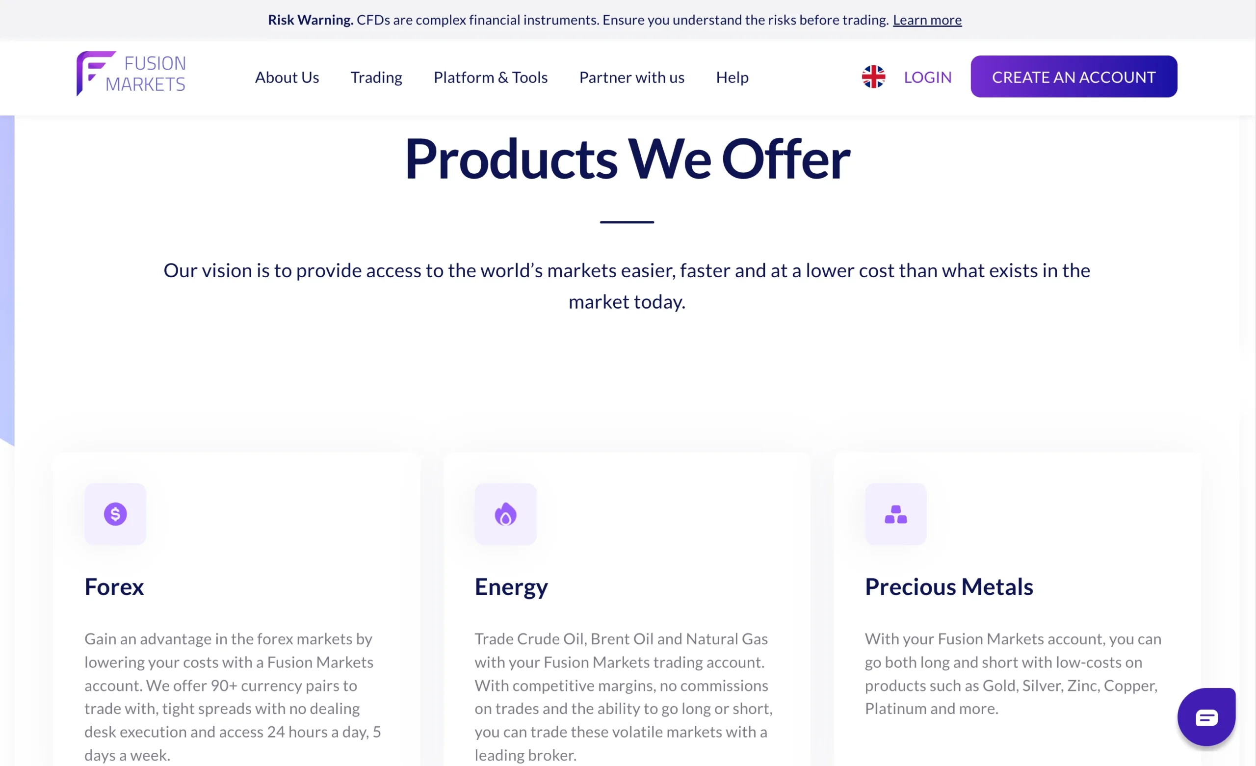 Fusion Markets review image showing all tradable instruments Fusion Markets offers, including Forex, Energy, Metals, Indices, Cryptocurrencies and Share CFDs.