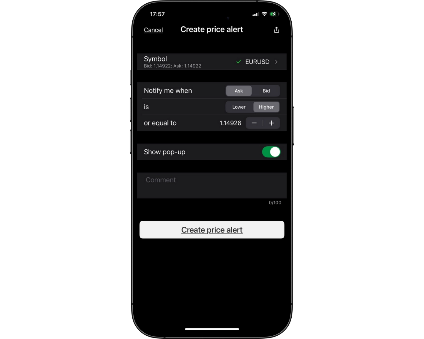 Fusion Markets Review image showing the cTrader mobile app Price Alert page where users can set alerts and notifications on the trading instruments.