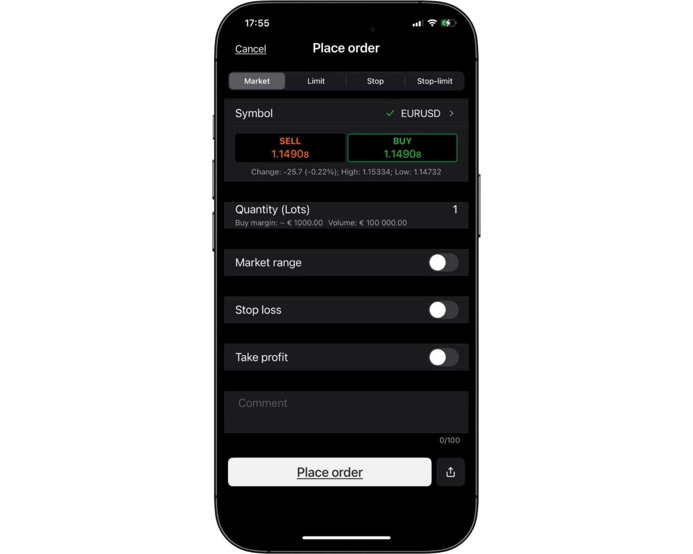 Fusion Markets Review image showing the cTrader mobile app orders page, including instrument selection, lot size, stop loss, take profit, and buy/sell options.