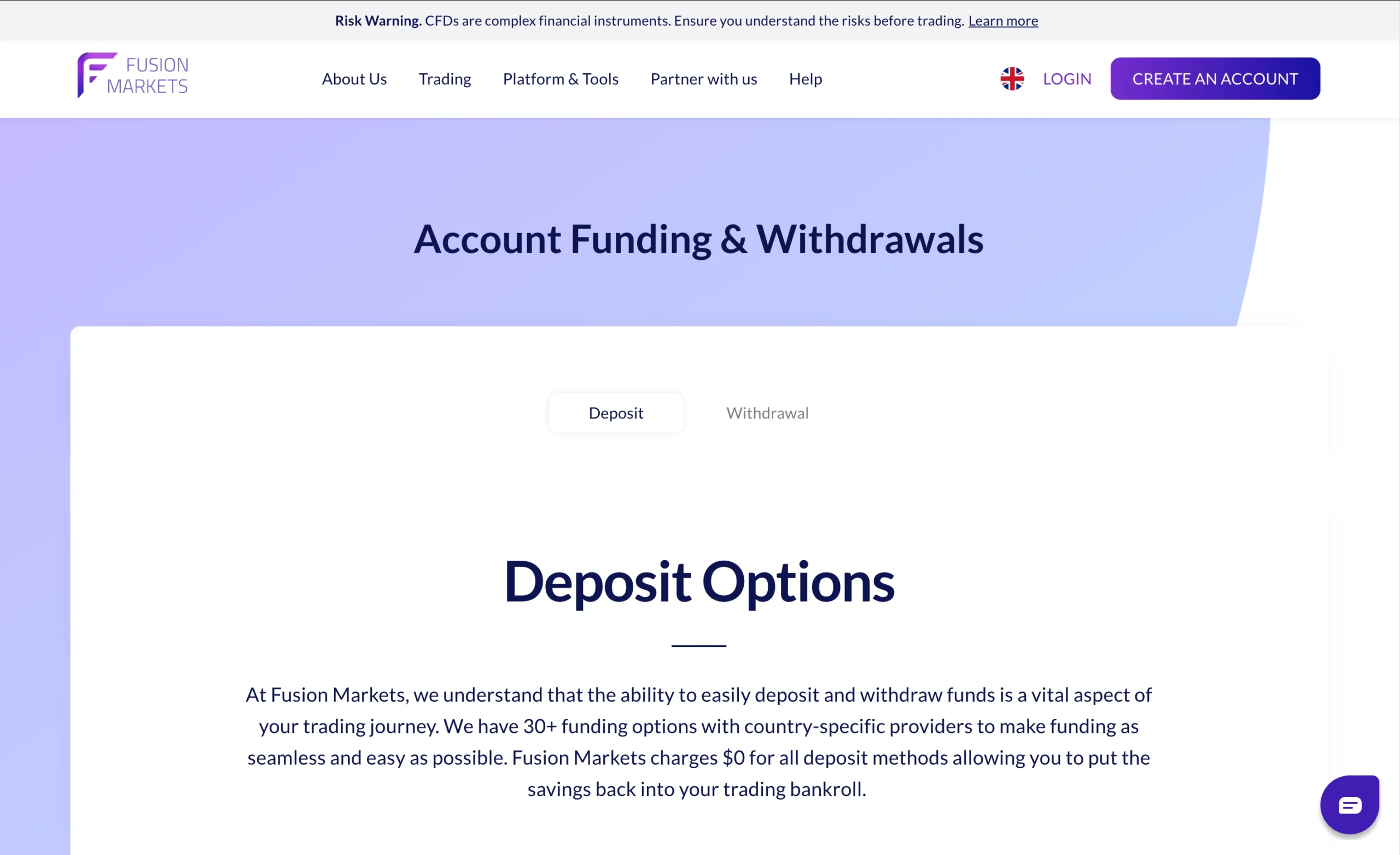 Fusion Markets review image showing all funding and withdrawal methods at Fusion Markets.