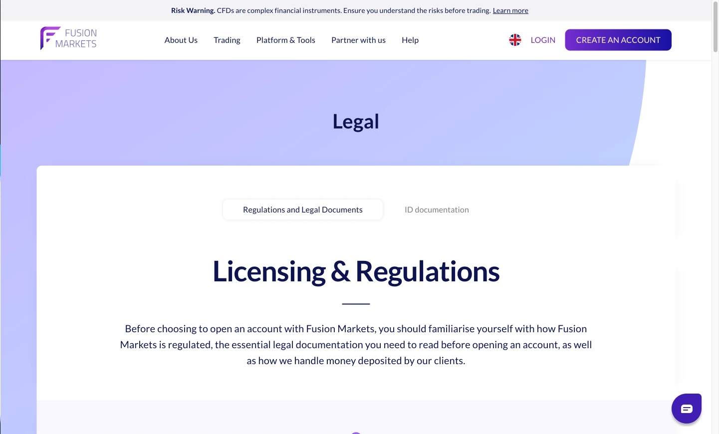 Fusion Markets regulation page showing office addresses, regulators, license numbers, and client money protection details for jurisdictions including ASIC, VFSC and FSA.