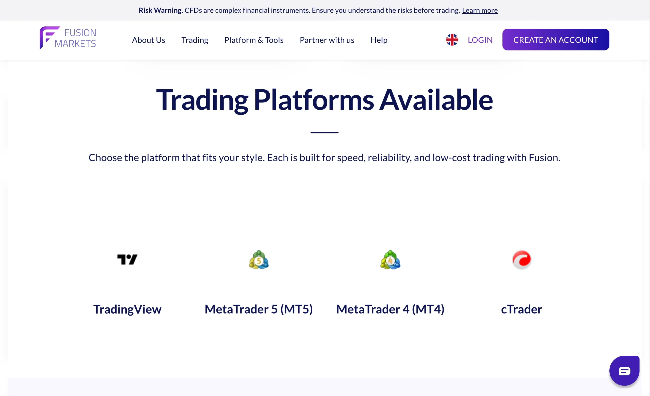 Fusion Markets review image showing the trading platforms available to clients, including MetaTrader 4, MetaTrader 5, cTrader and the TradingView platform.