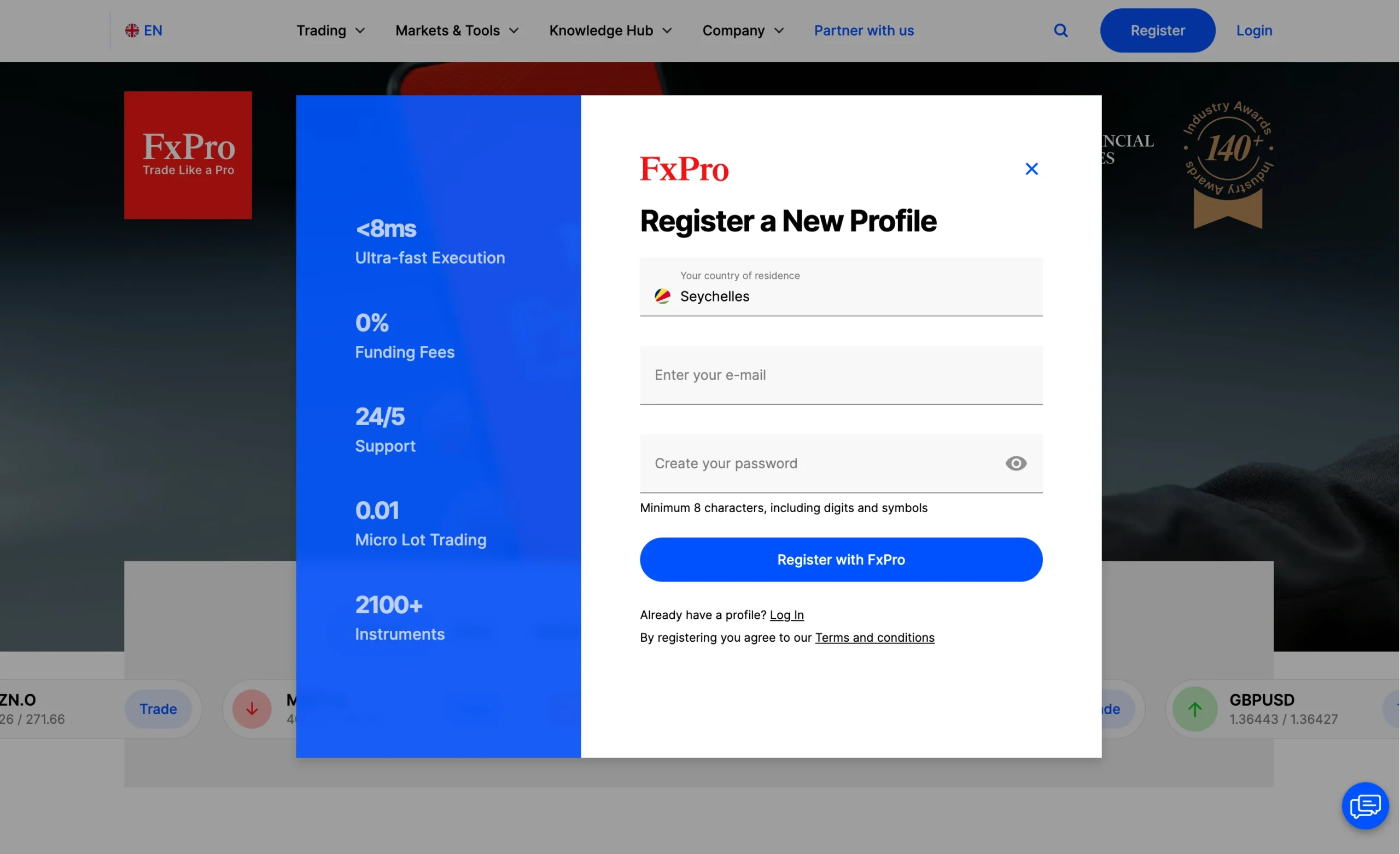 FxPro review image showing the account opening page where clients enter personal information to open a trading account.