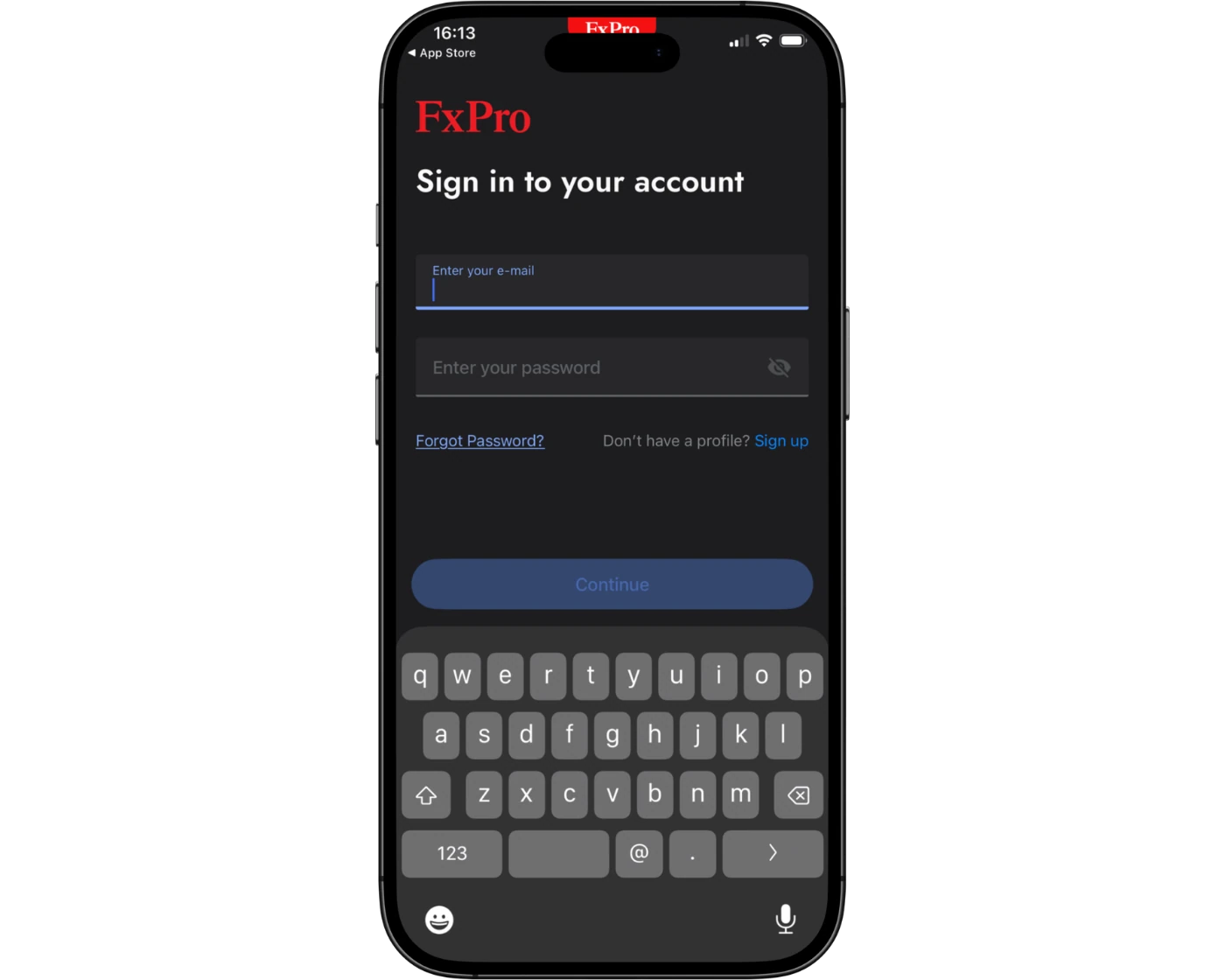 FxPro review image showing the FxPro App login page where clients enter their login email and password.