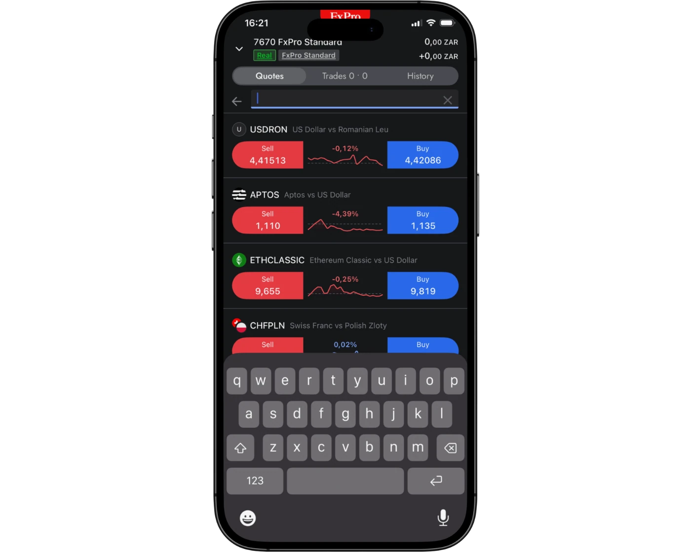 FxPro review image showing the FxPro mobile app search functions with a search bar to find trading instruments.