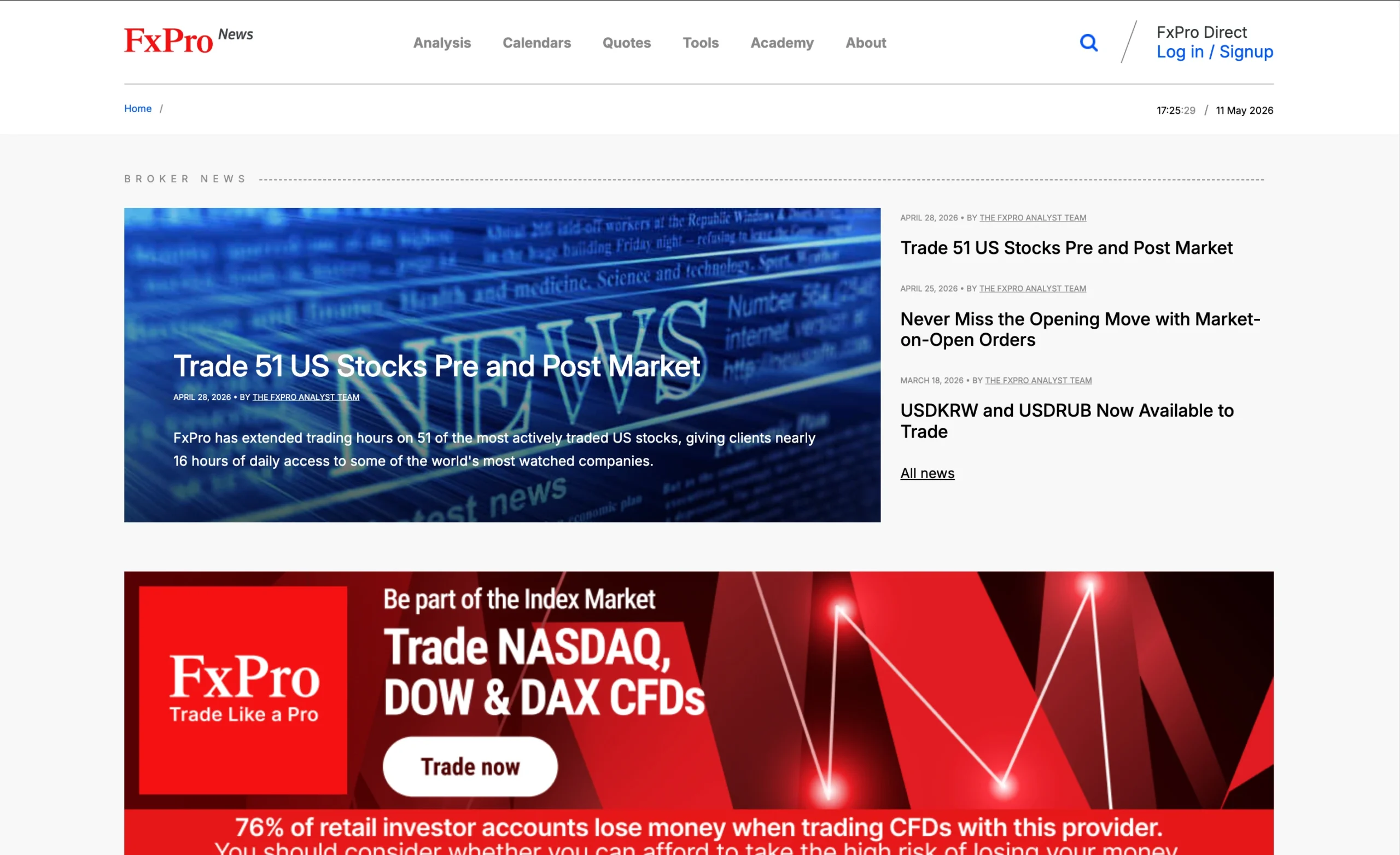 FxPro review image showing the market analysis page with news, forecasts and tools from trading professionals.