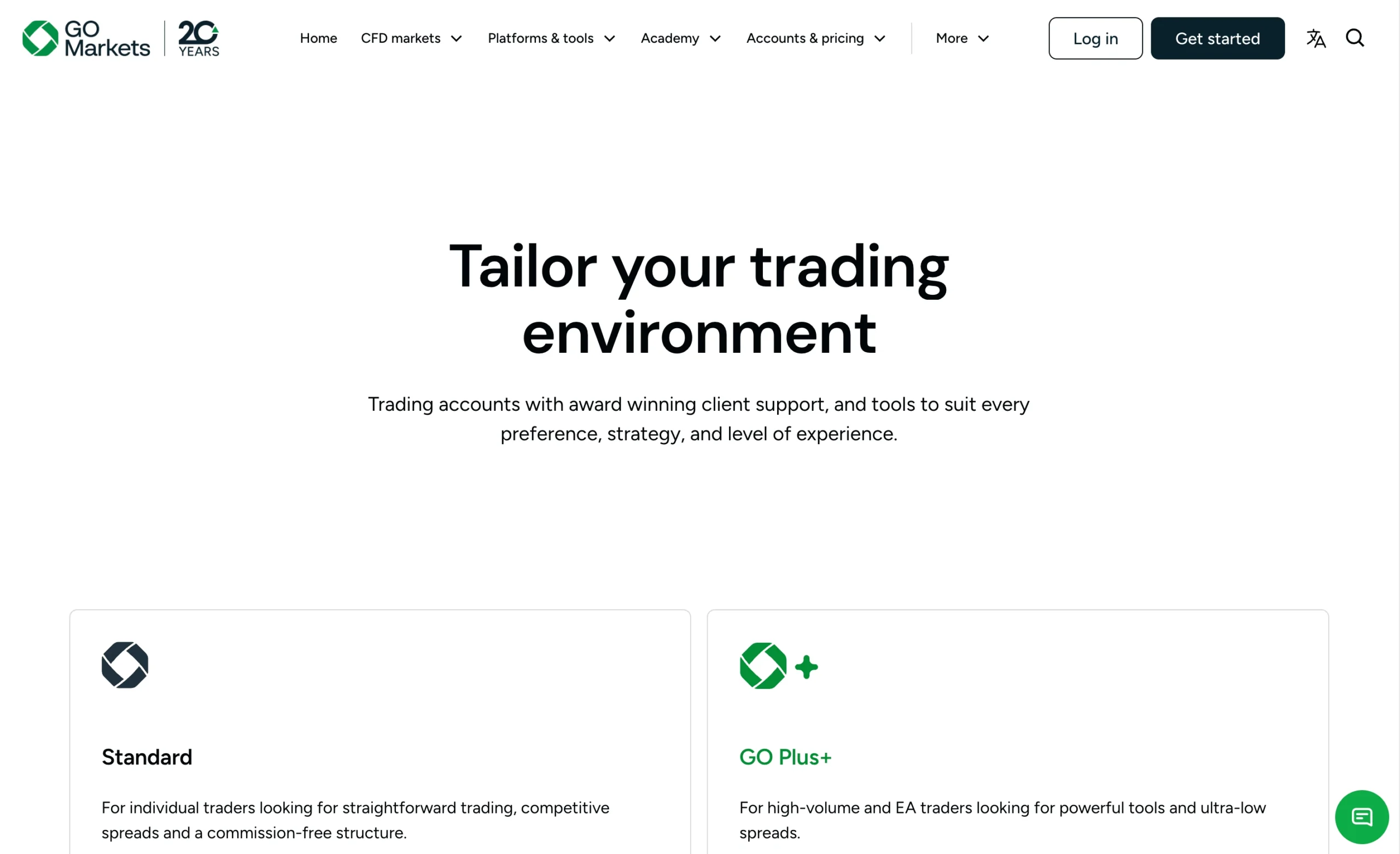GO Markets review image showing available account types including the GO Markets Standard, GO Markets GO Plus+, Demo and Islamic accounts.