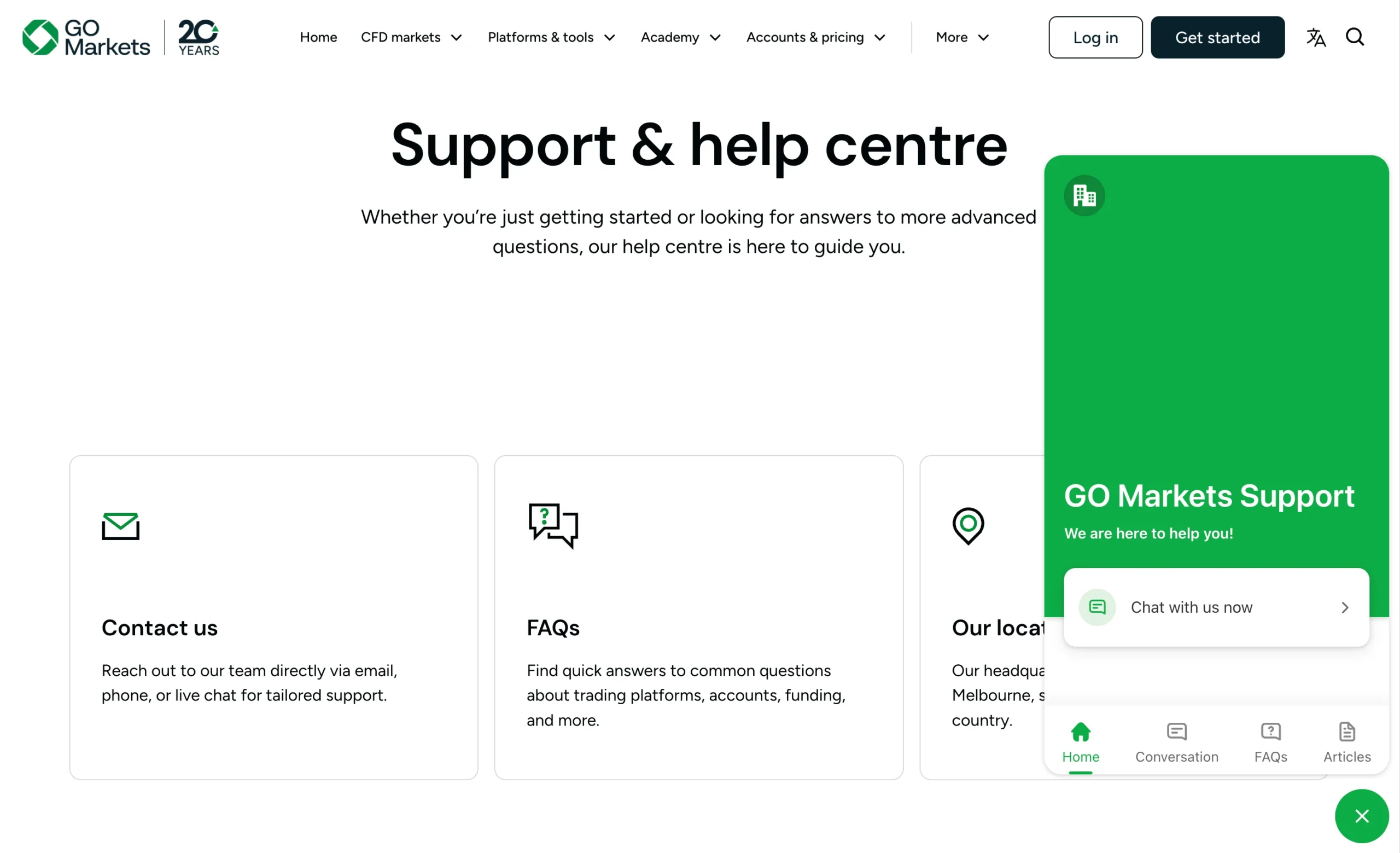 GO Markets review image showing customer support options including a contact form, live chat, phone numbers, and help centre.