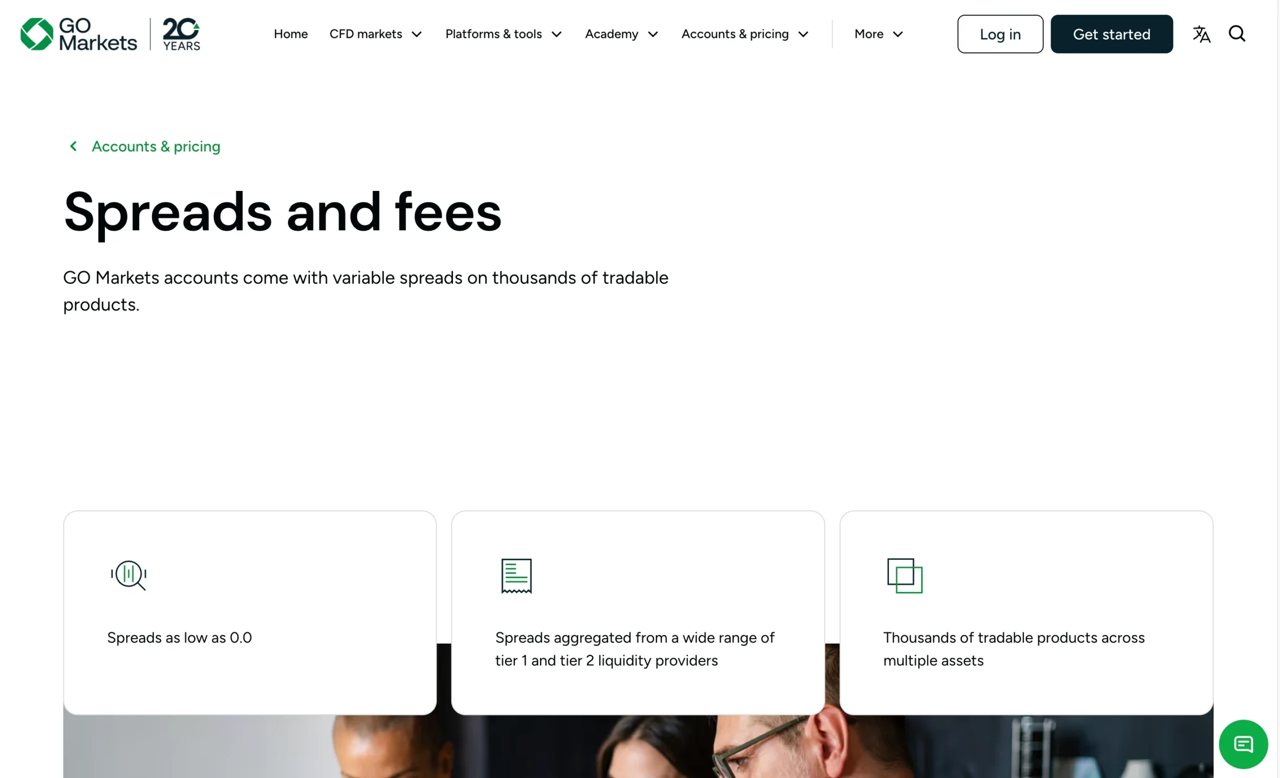 GO Markets review image showing the broker’s trading fees, including live spreads, commissions, and swap rates across Forex, Commodities, Indices, Crypto and Bond CFDs.
