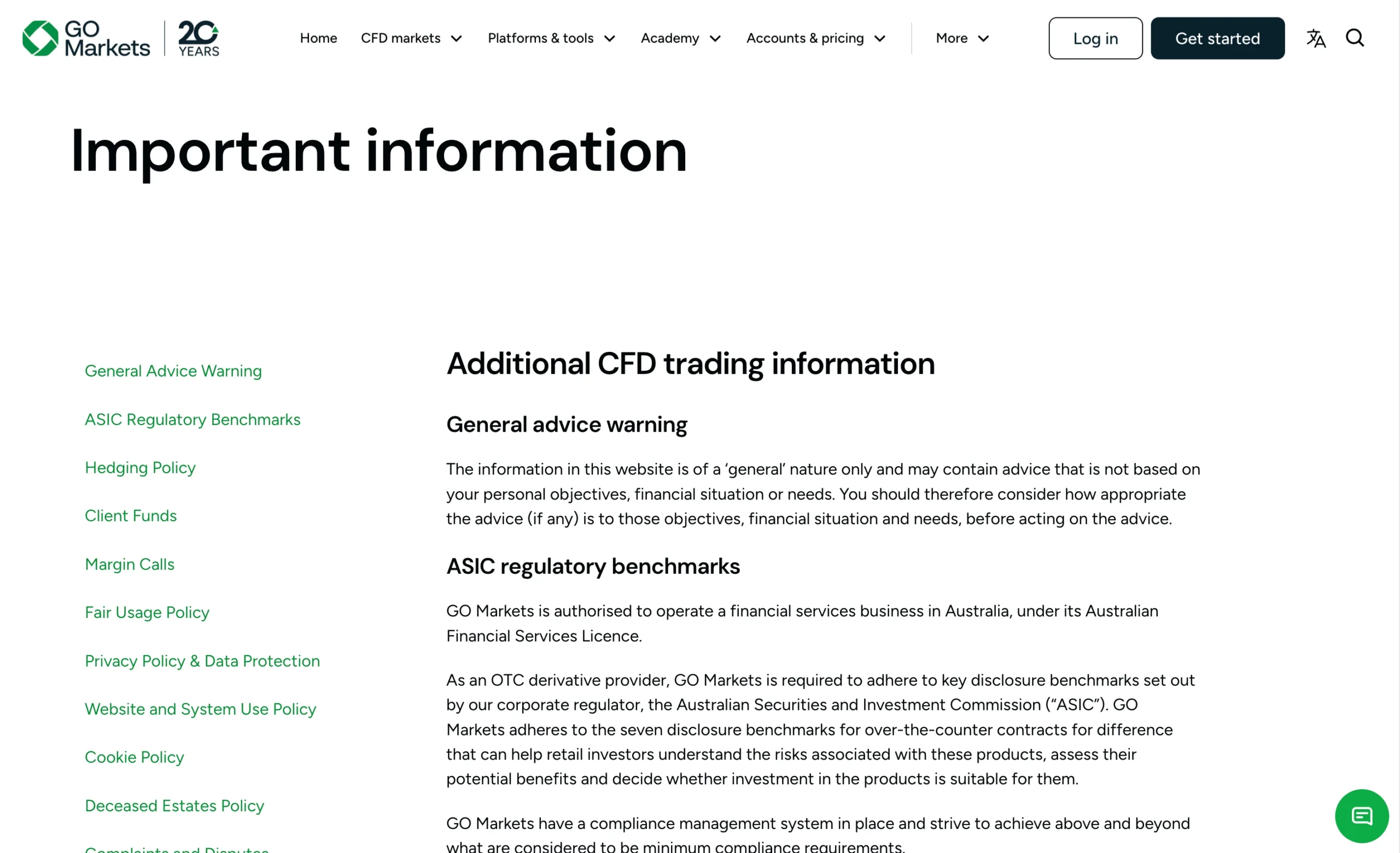 GO Markets regulation page showing office addresses, regulators, license numbers, and client money protection details for jurisdictions including ASIC, CySEC, FSC and the FSA.