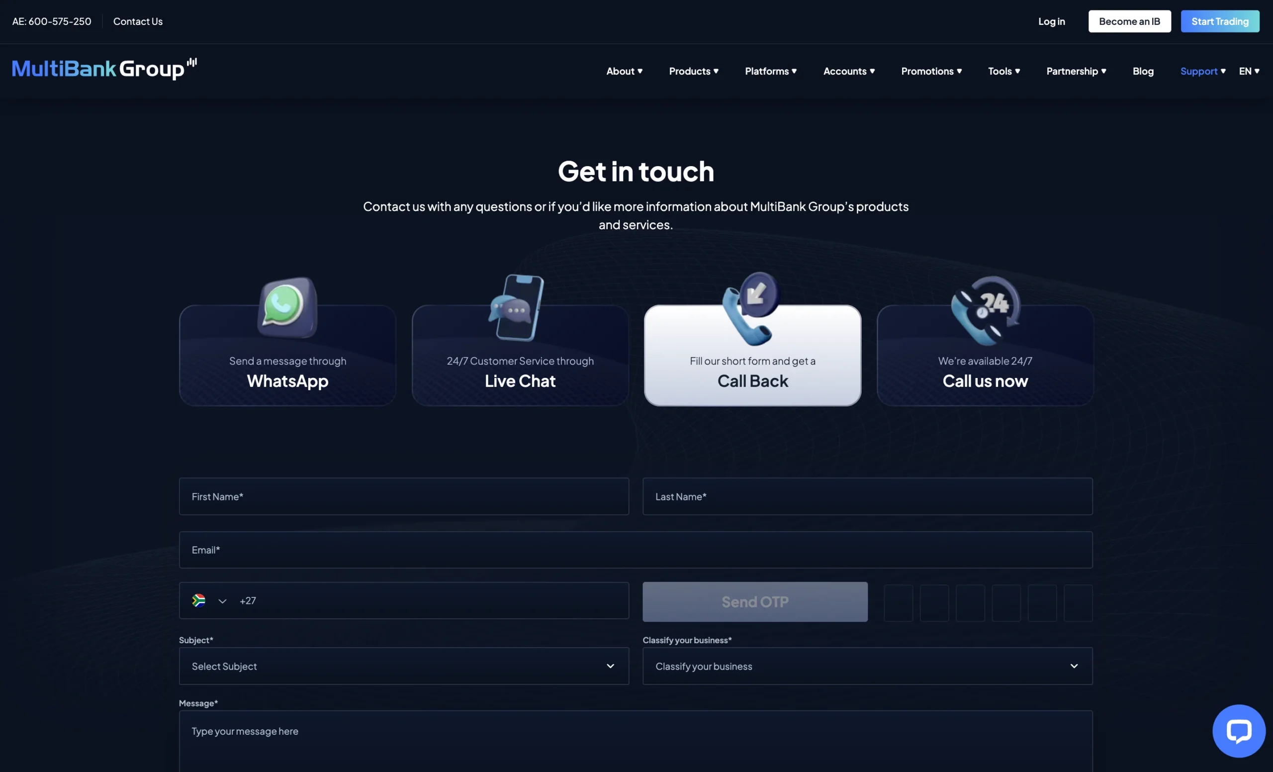 MultiBank Group review image showing customer support options including a contact form, live chat, phone numbers, and help centre.