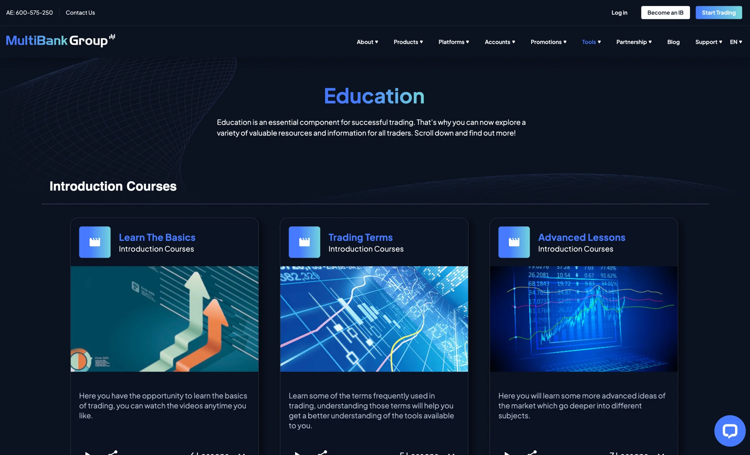 MultiBank Group review image showing the education page with trading guides and educational material for clients.