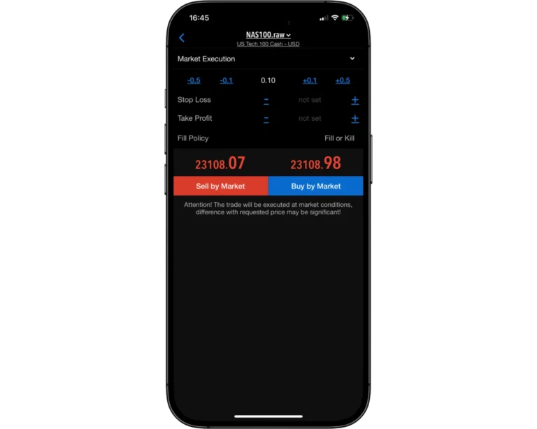 MultiBank Group Review image showing the MT4 mobile app orders page, including instrument selection, lot size, stop loss, take profit, and buy/sell options.