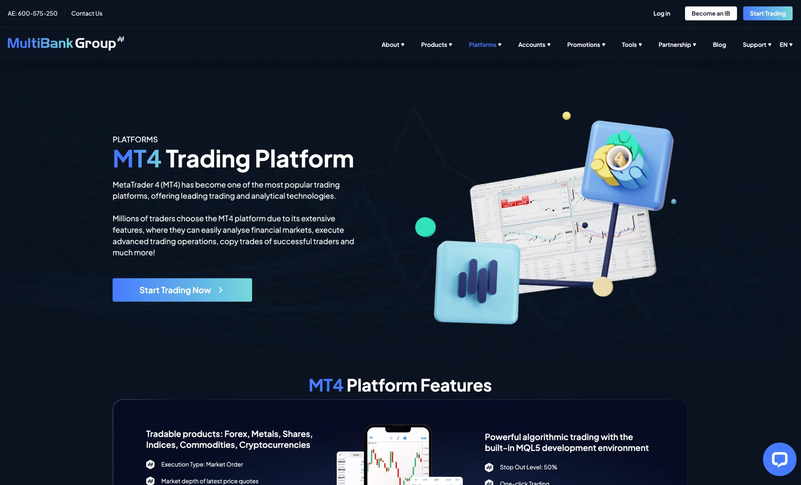 MultiBank Group review image showing the trading platforms available to clients, including MetaTrader 4, MetaTrader 5 and the MB Trader.