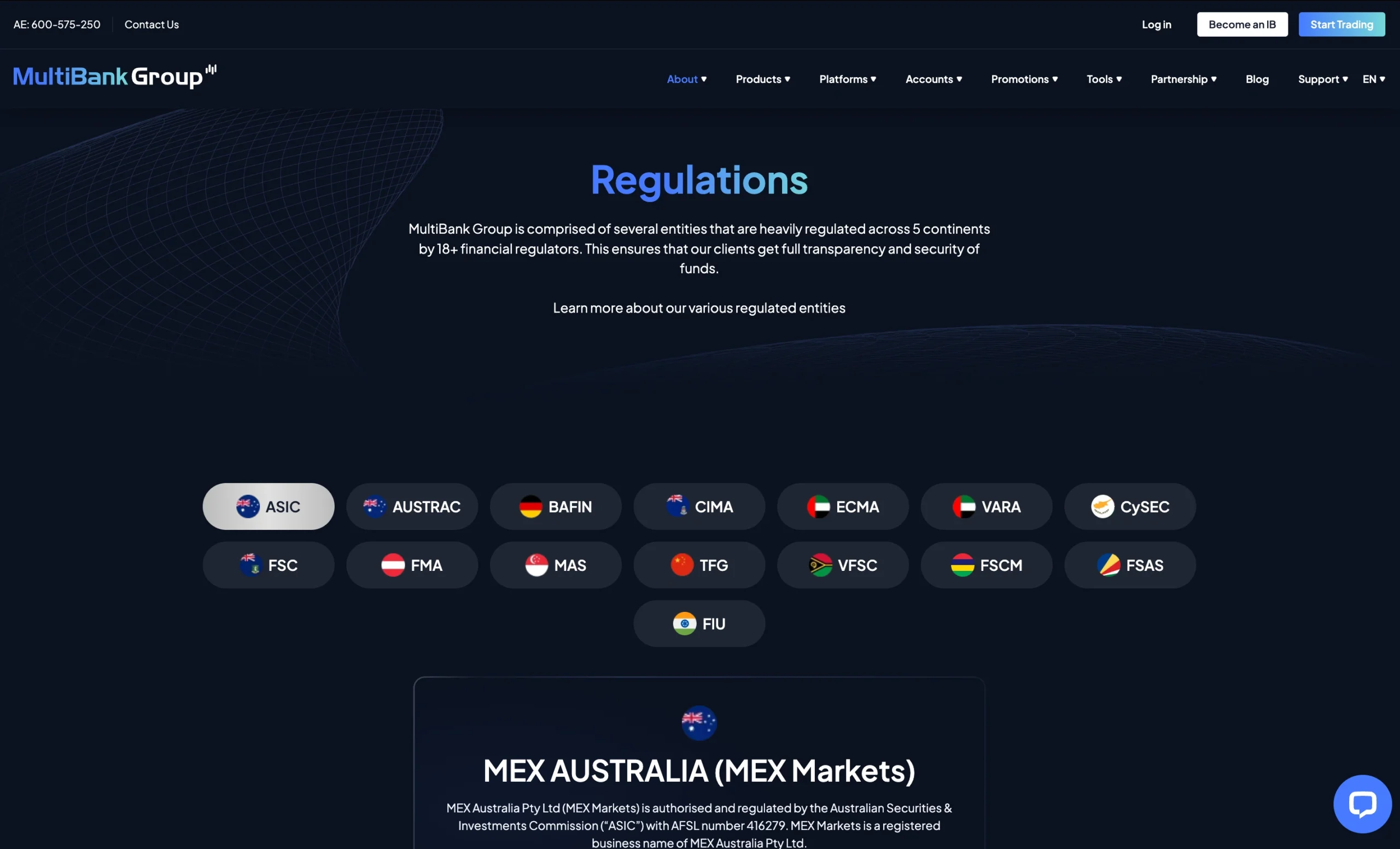 MultiBank Group regulation page showing office addresses, regulators, license numbers, and client money protection details for jurisdictions including ASIC, AUSTRAC, BAFIN, CIMA, ECMA, VARA, CySEC, FSC, FMA, MAS, TFG, VFSC, FSCM, FSAS and the FIU.