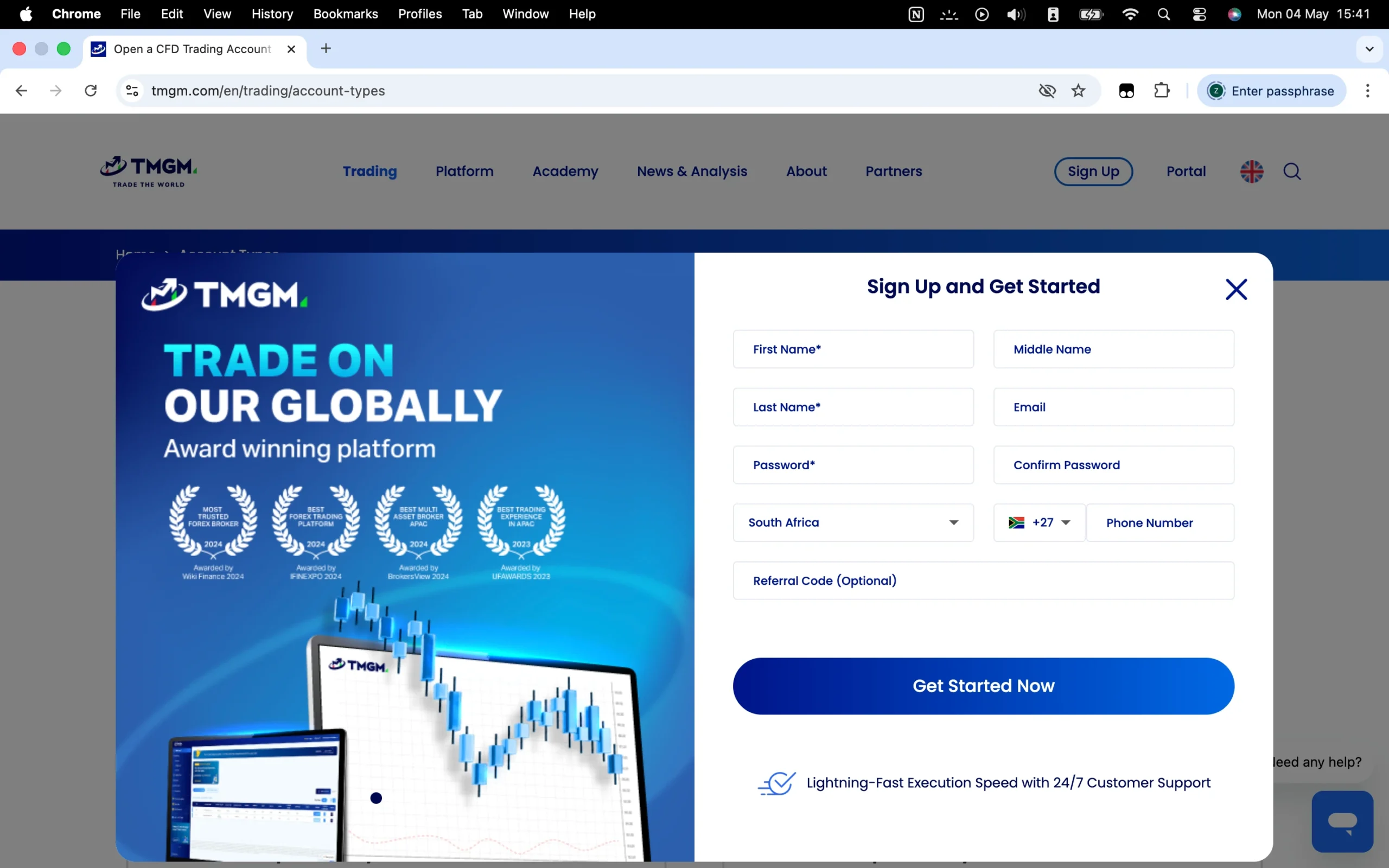 TMGM review image showing the account opening page where clients enter personal information to open a trading account.