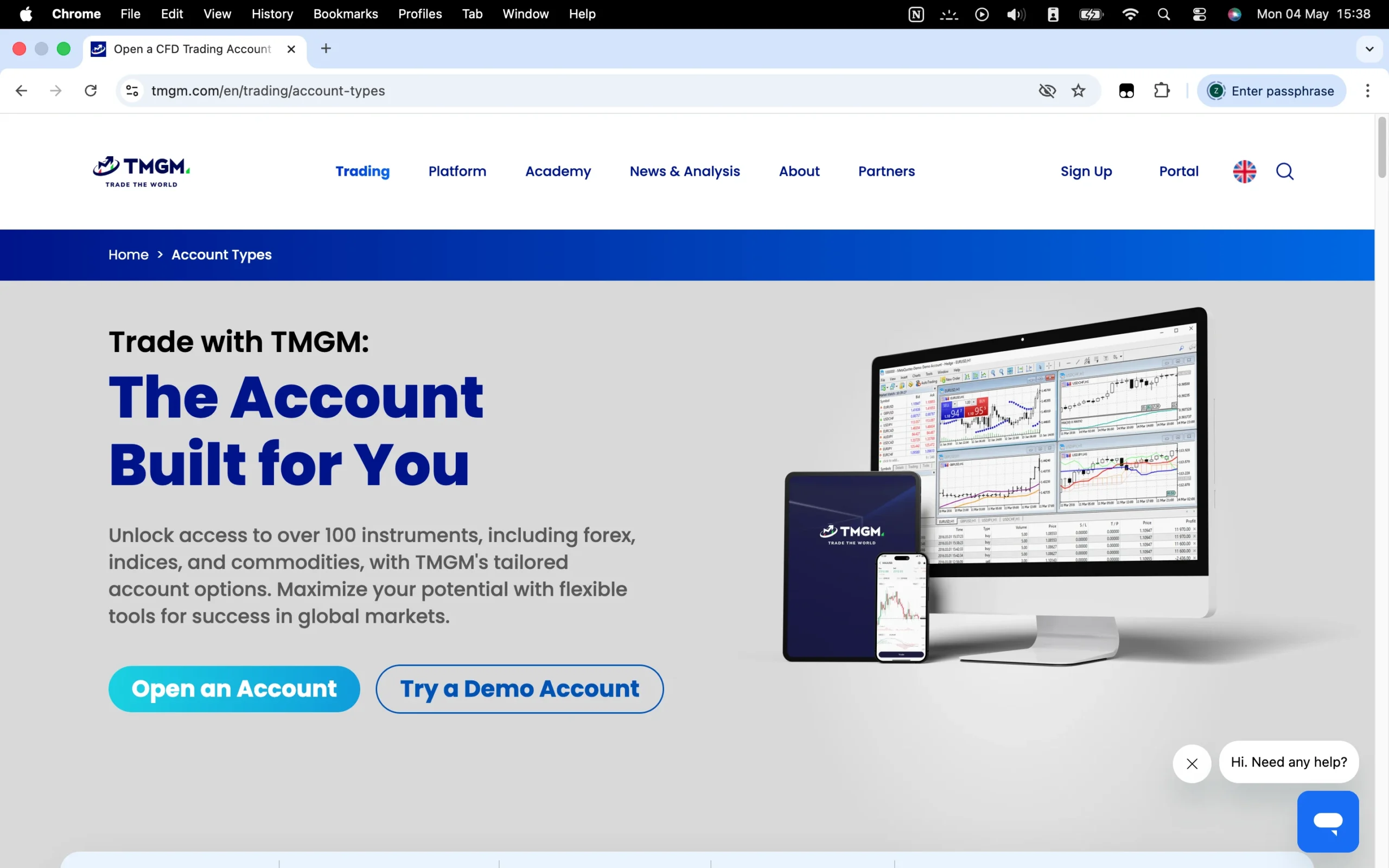 TMGM review image showing available account types including the Edge account, Classic account and Demo account.