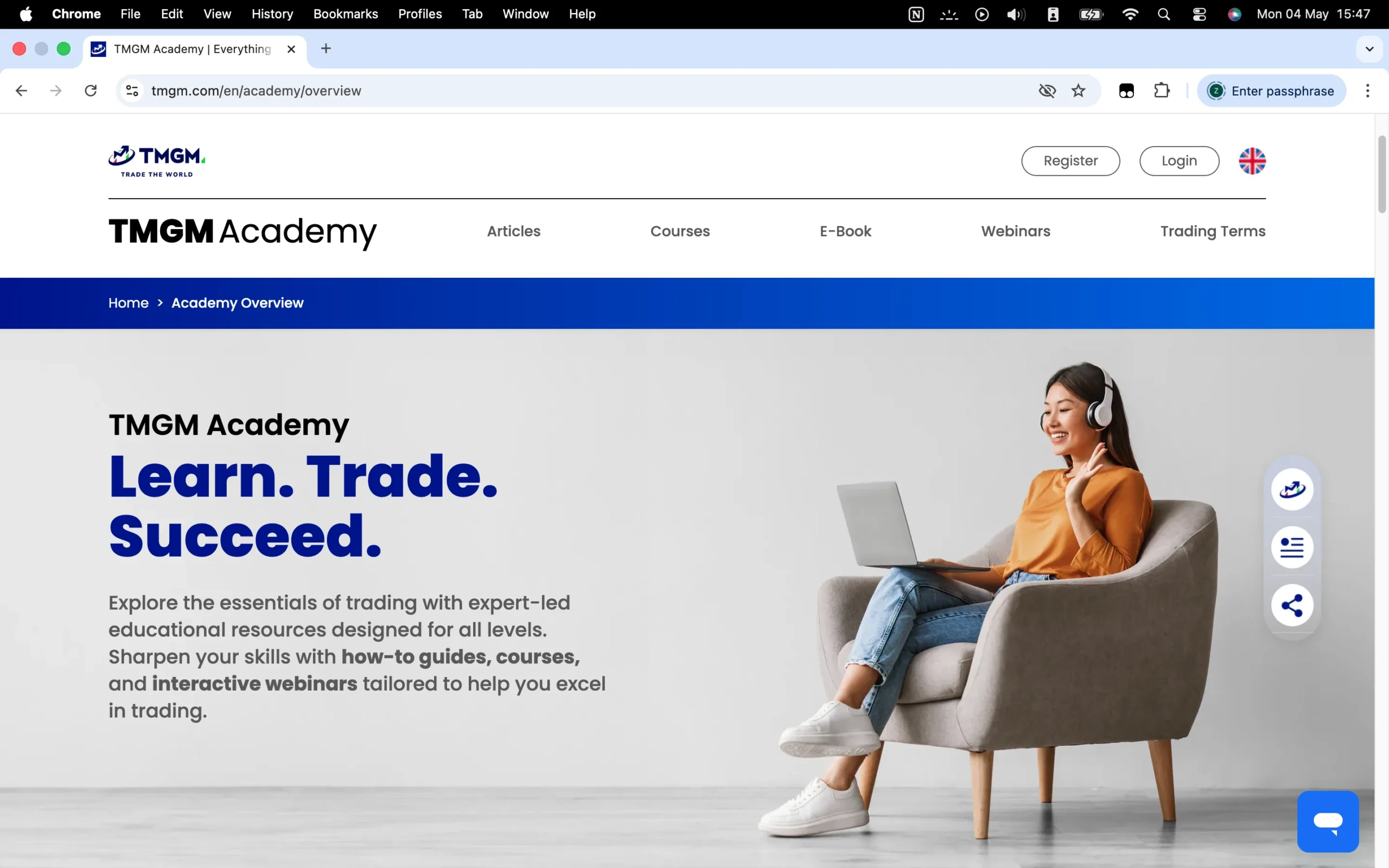 TMGM review image showing the education page with trading guides and educational material for clients.