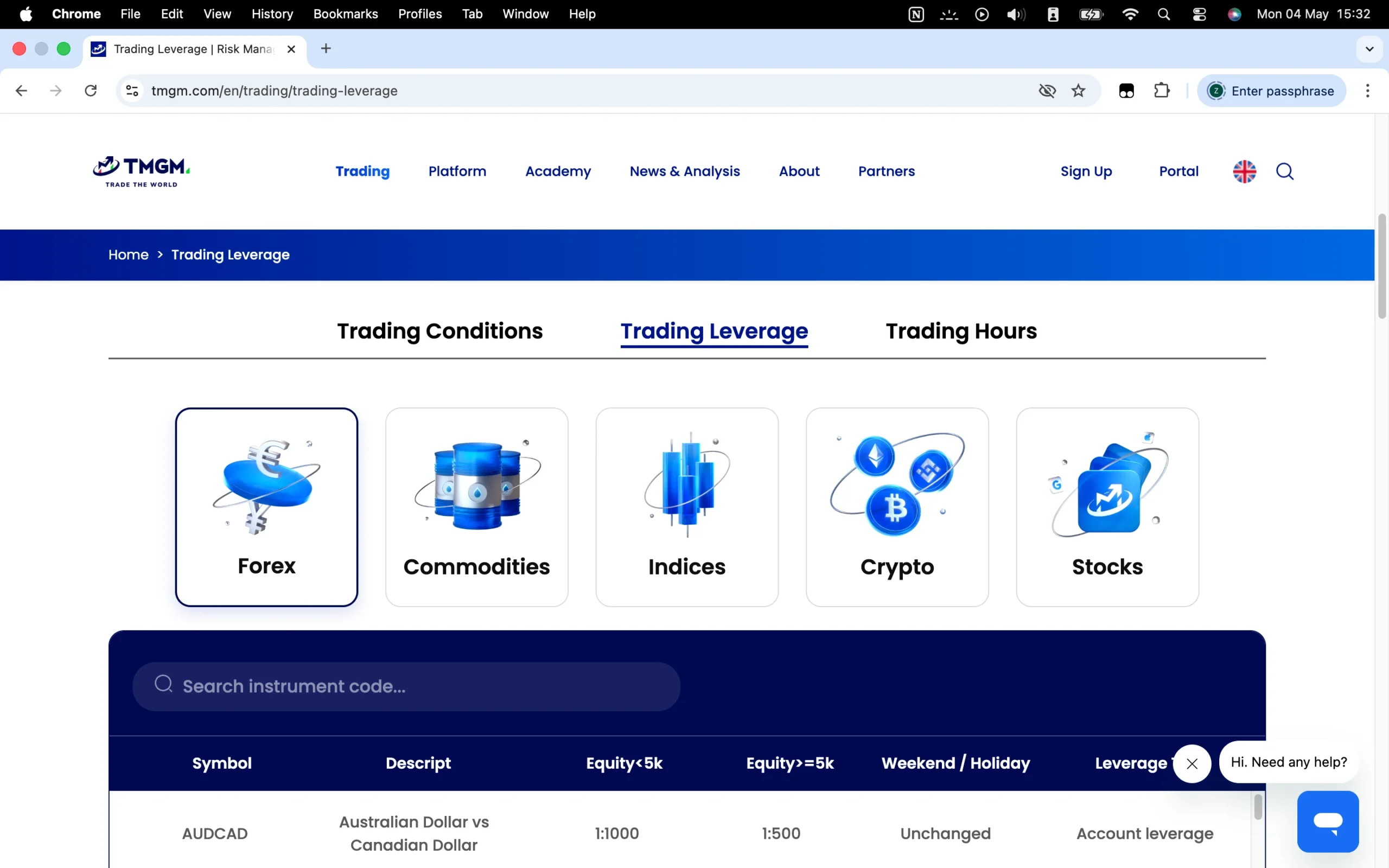 TMGM review image showing maximum leverage for each tradable instrument, including Commodities, Forex, Indices, Crypto, and Stocks.