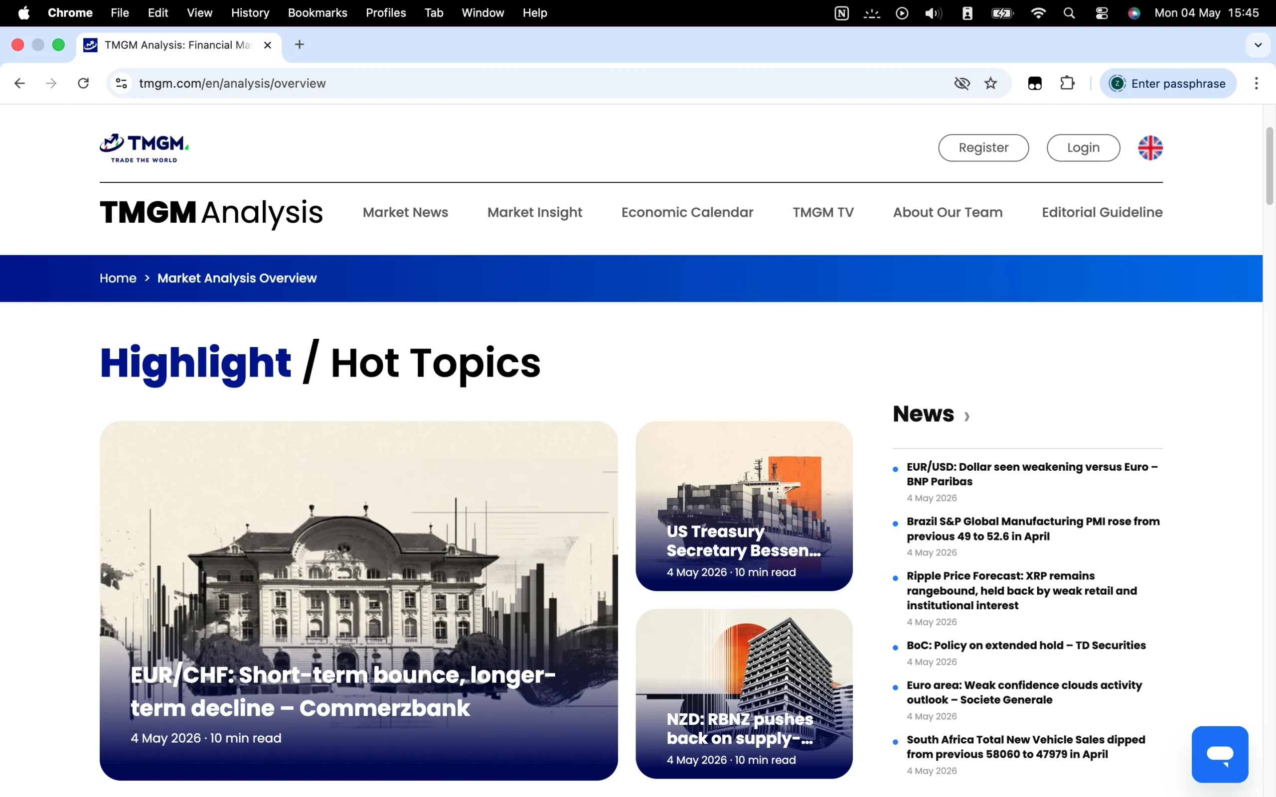 TMGM review image showing the market analysis page with news, forecasts and tools from trading professionals.