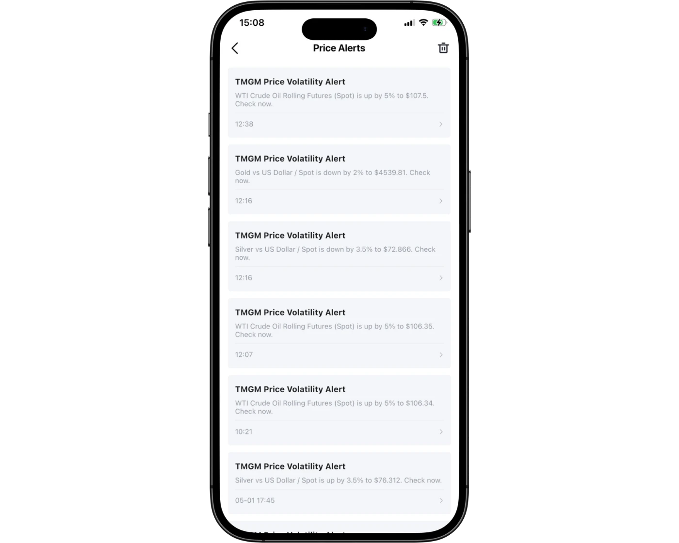 TMGM Review image showing the TMGM mobile app settings page, including account, chart, and notification settings.