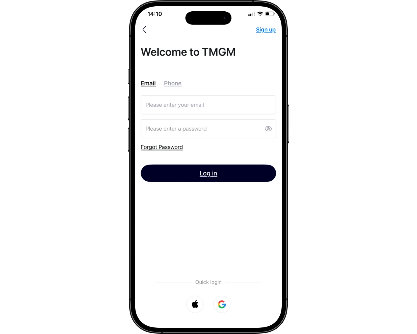 TMGM review image showing the TMGM Mobile App login page where clients enter their login number, server, and password.