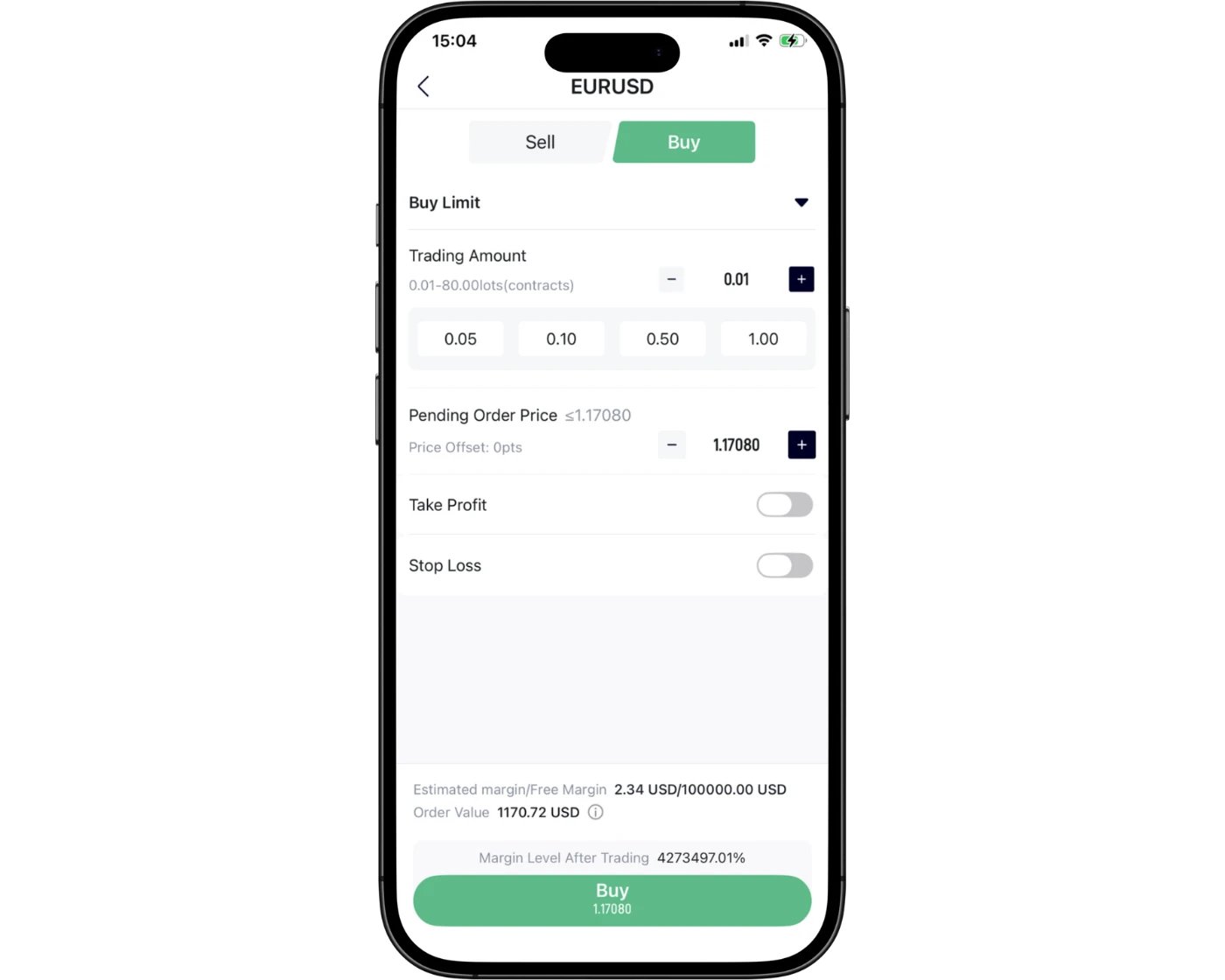 TMGM Review image showing the TMGM mobile app orders page, including instrument selection, lot size, stop loss, take profit, and buy/sell options.