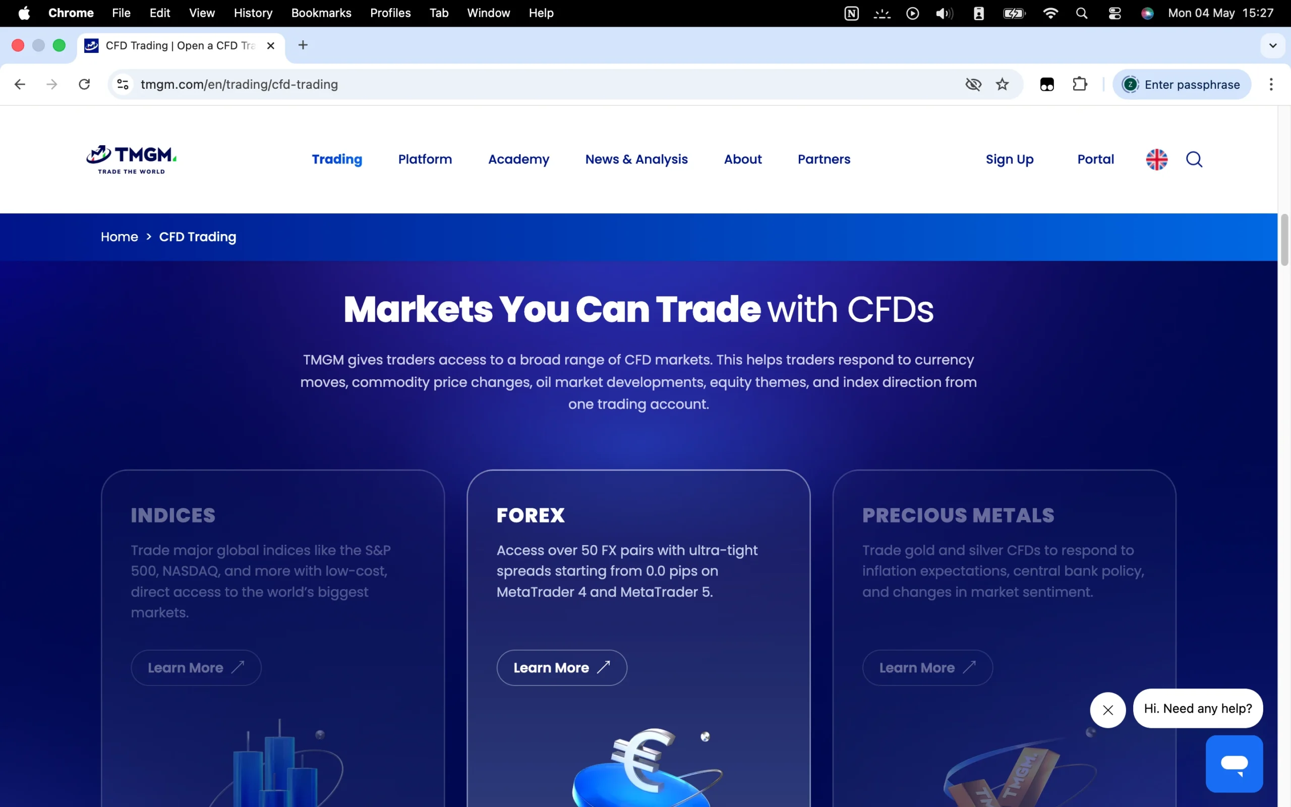 TMGM review image showing all tradable instruments TMGM offers, including Forex CFD's, Indices CFD's, Commodities CFD's, Stocks CFD's and Cryptocurrency CFD's.