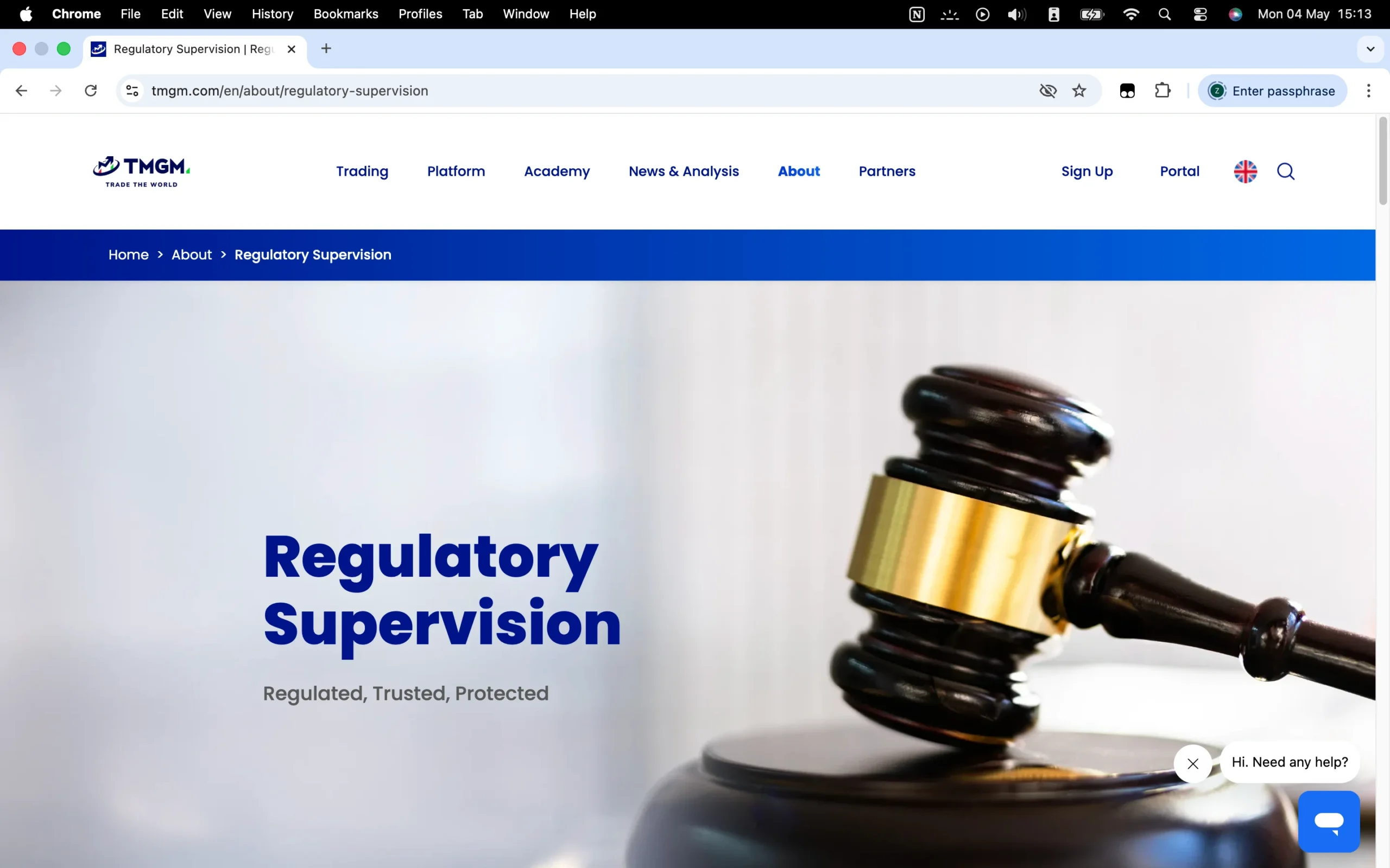TMGM regulation page showing office addresses, regulators, license numbers, and client money protection details for jurisdictions including ASIC, VFSC, FSA and FSC.