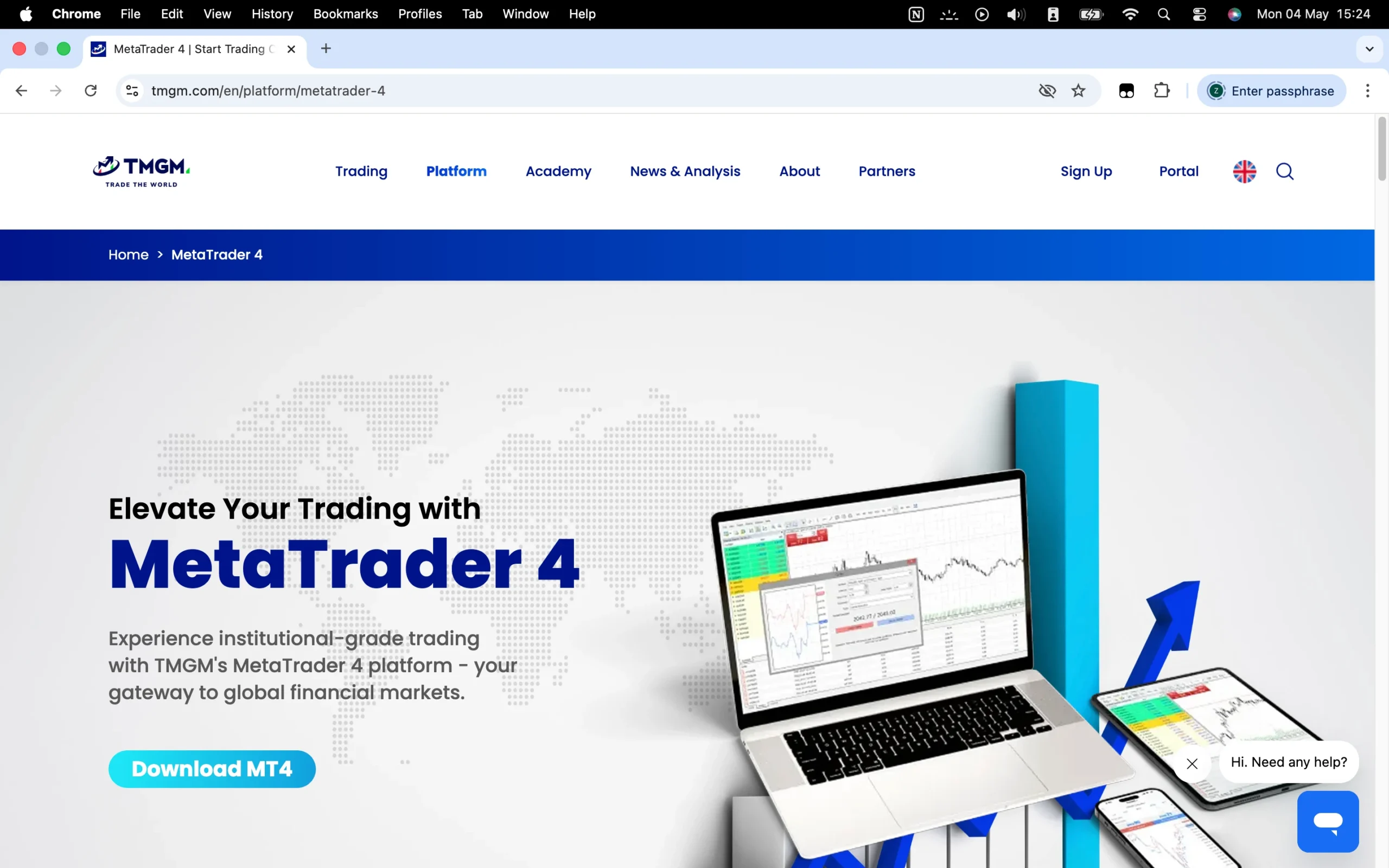TMGM review image showing the trading platforms available to clients, including MetaTrader 4, MetaTrader 5 and the TMGM Mobile App.